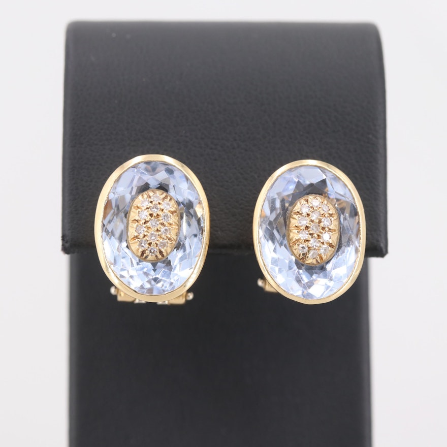 18K Yellow Gold Diamond and Synthetic Blue Quartz Clip-On Earrings