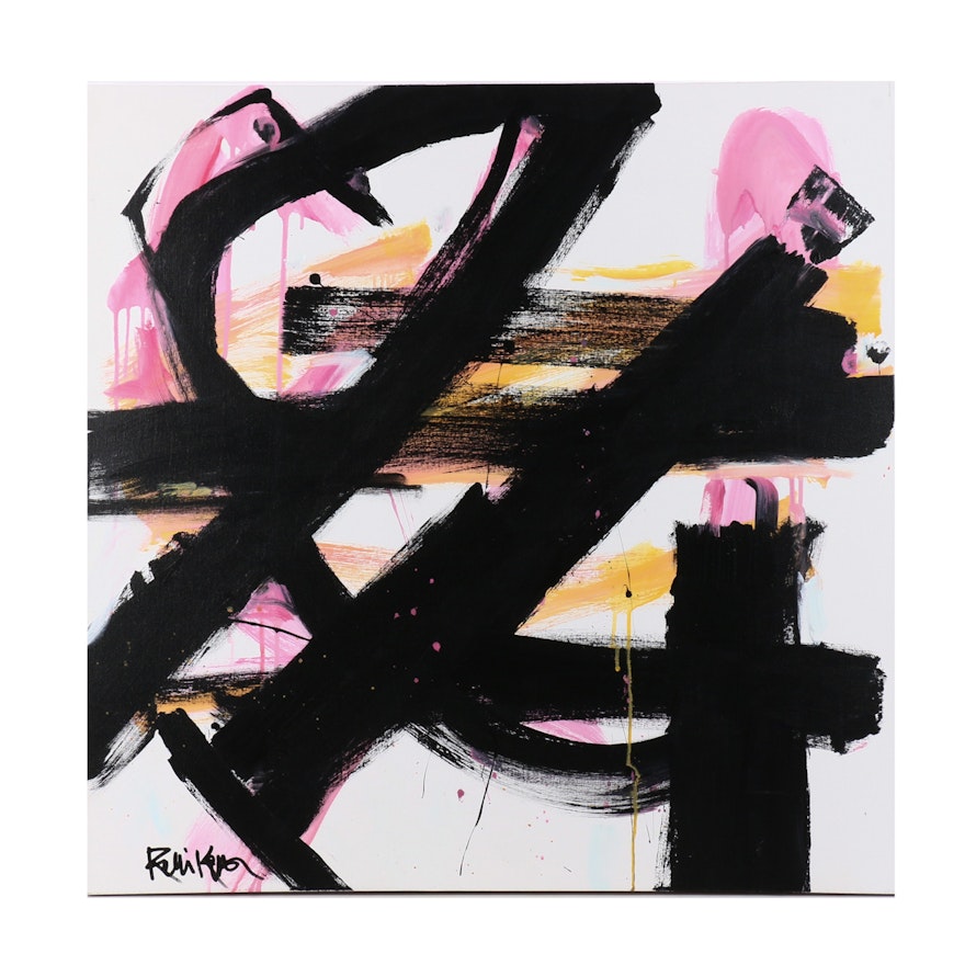 Robbie Kemper Abstract Acrylic Painting "Black Strokes Pink Yellow"