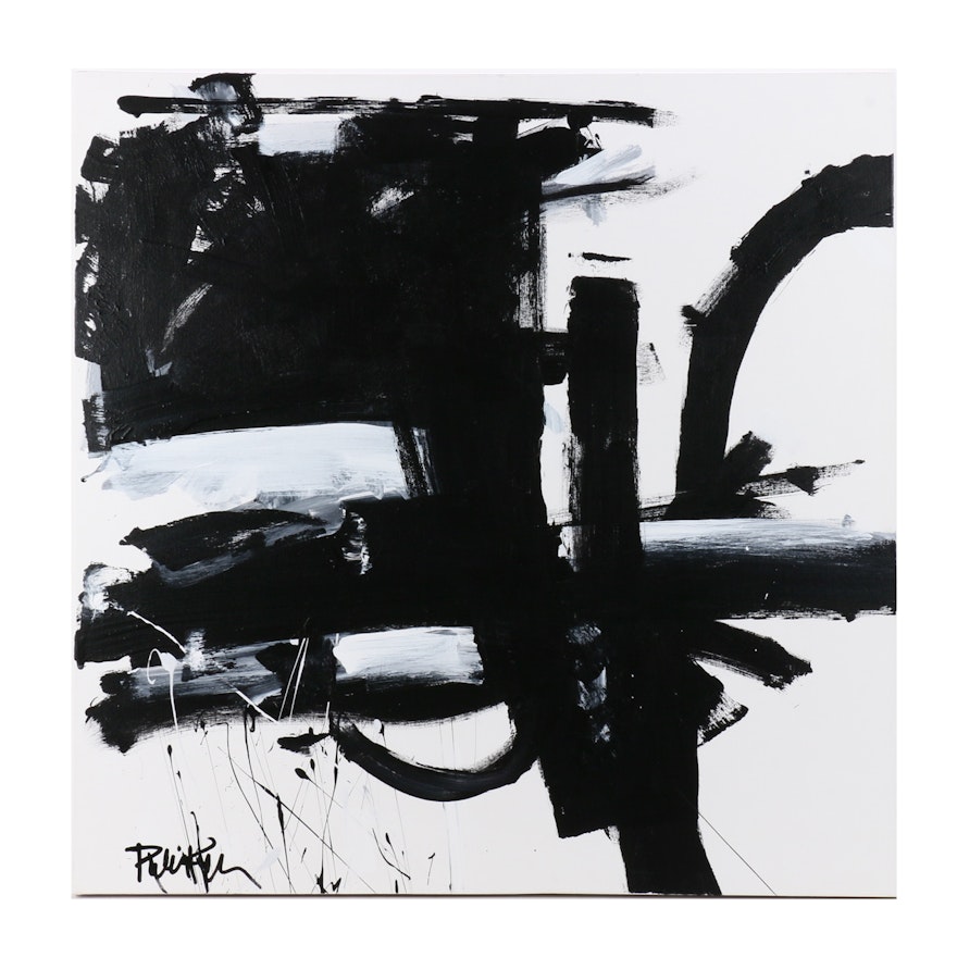 Robbie Kemper Abstract Acrylic Painting "Black Square Curve"