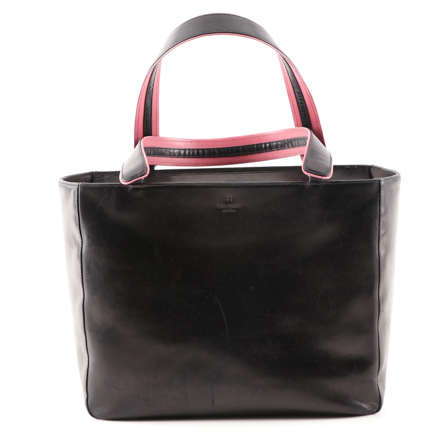 Kate Spade New York Black Leather Tote Bag Trimmed in Pink