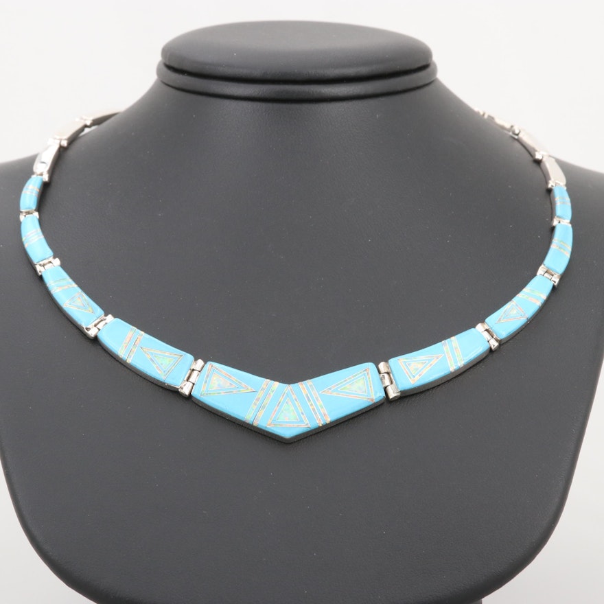 Southwestern Style Sterling Imitation Turquoise and Synthetic Opal Necklace