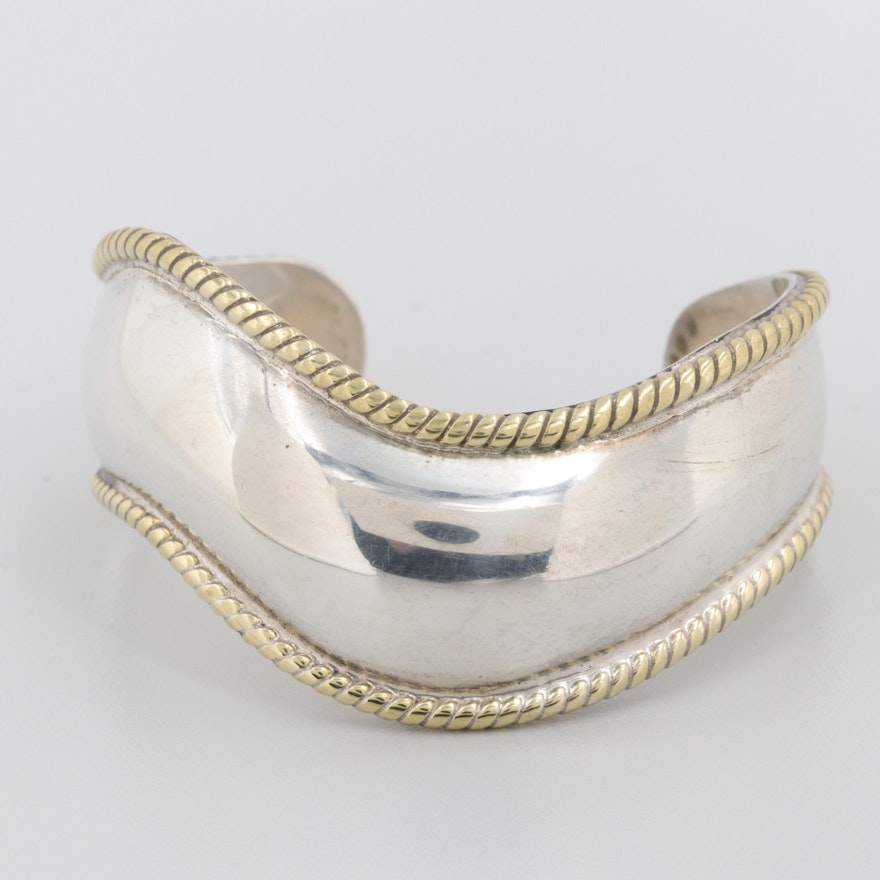 Taxco, Mexico Sterling Silver Cuff Bracelet with Gold Tone Accents