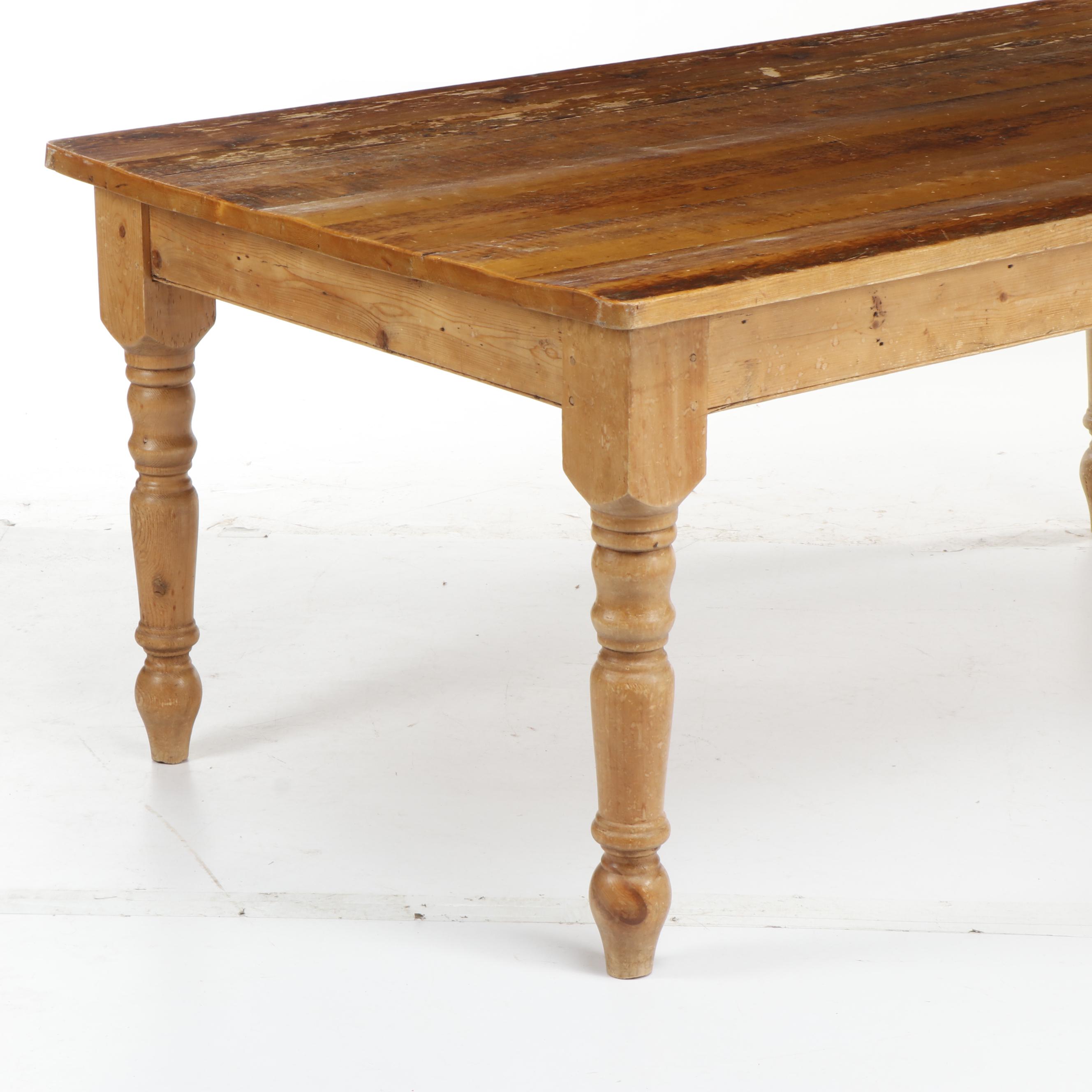English Farmhouse Style Pine Dining Table With Turned Legs