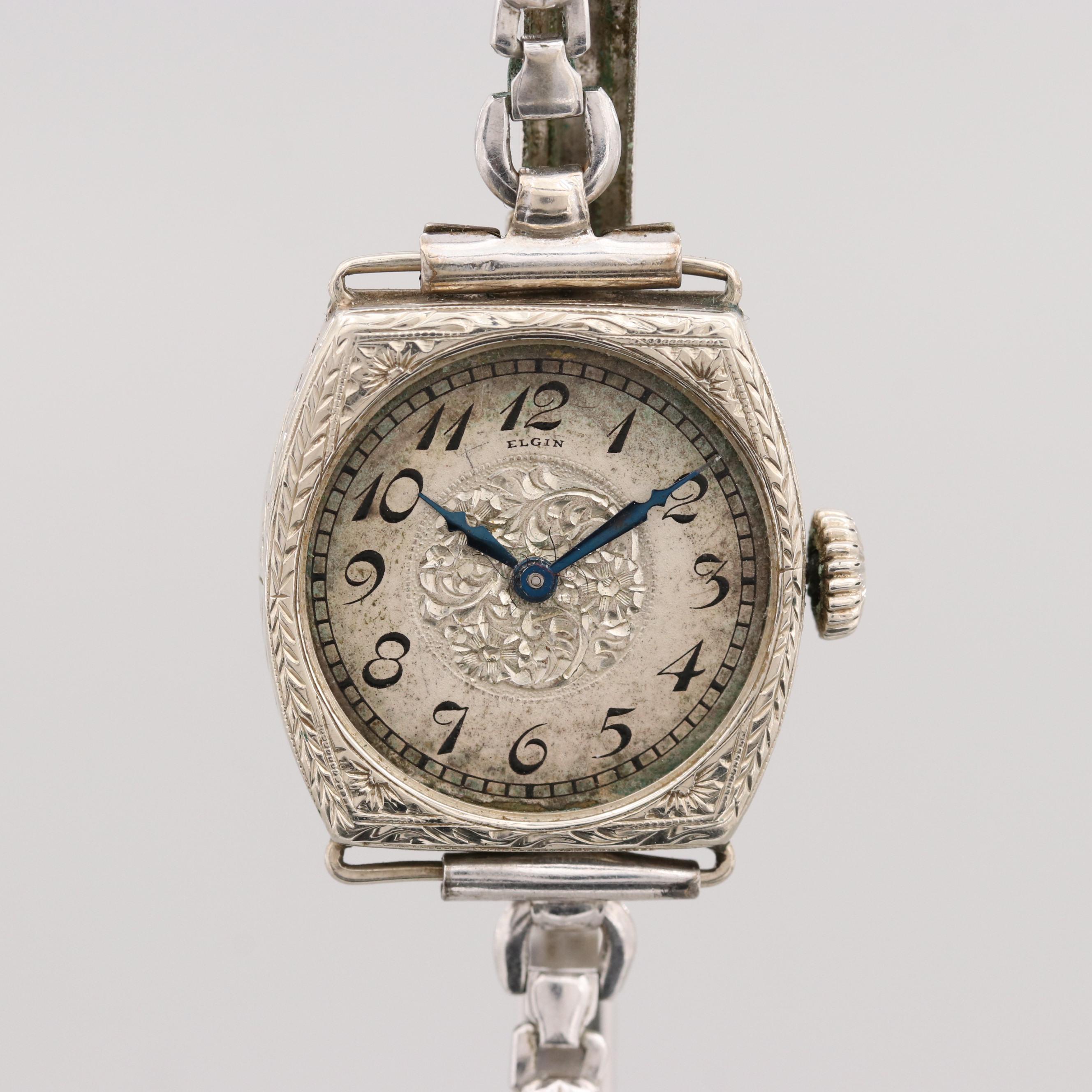 Vintage Elgin 14K White Gold Stem Wind Watch, 1924