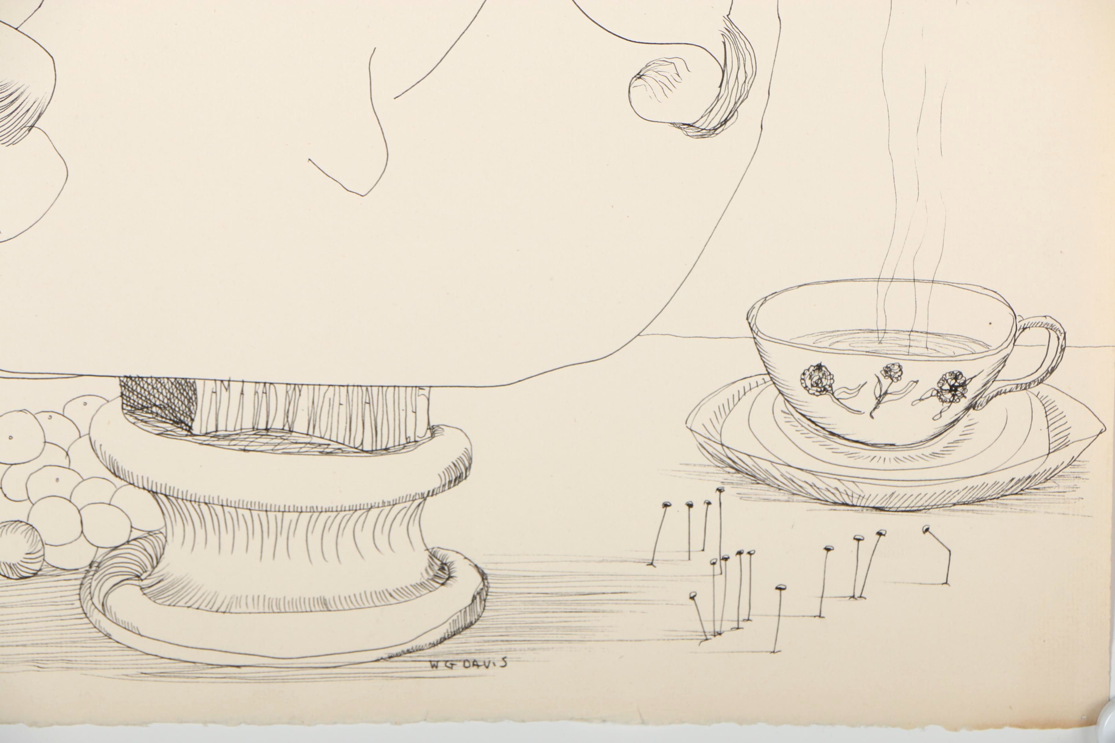 W. Glen Davis Ink Abstract Drawing of Bust Sculpture