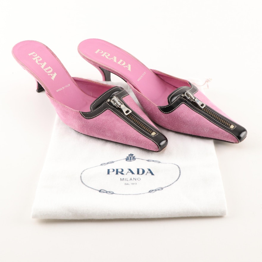 Women's Prada Pink Suede and Leather Zip Two-Tone Mules