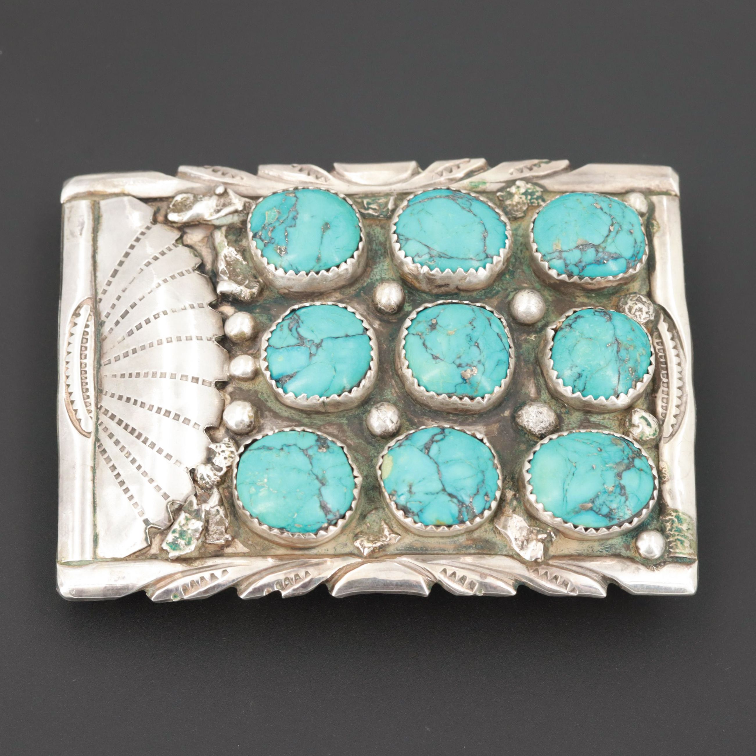 Caroline Tawangyaouma Hopi Sterling Silver Turquoise Belt Buckle