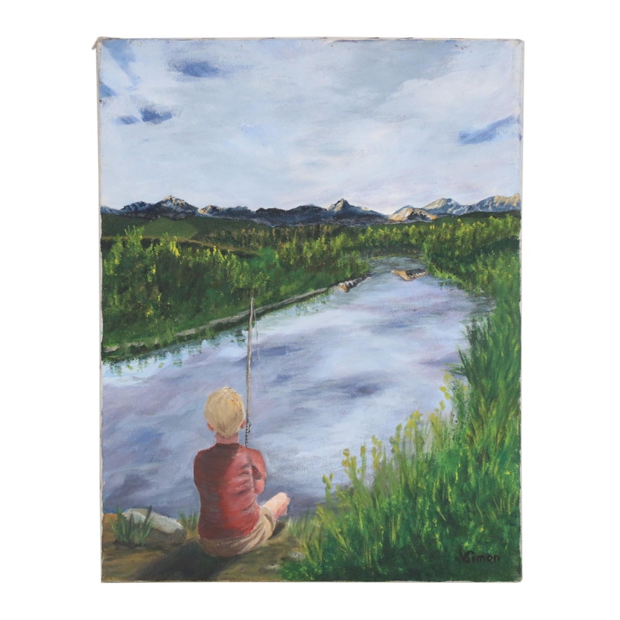 V. Simon Acrylic Painting of Boy Fishing