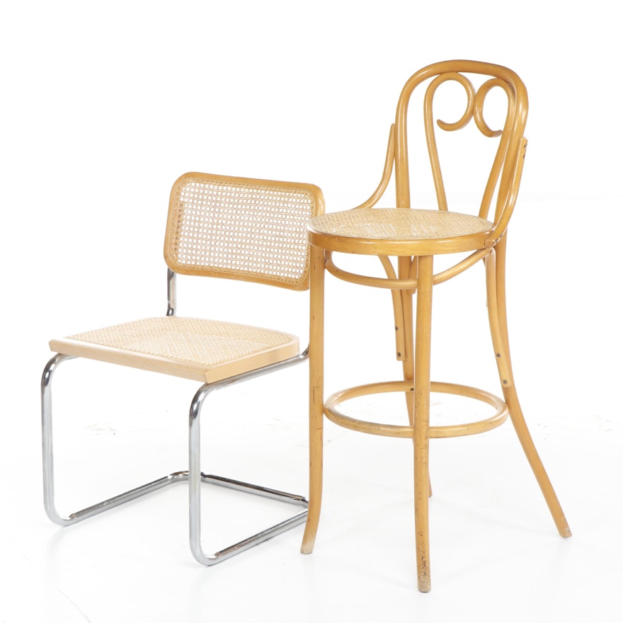 Contemporary Cantilever Chair and Thonet Bentwood Stool with Caning