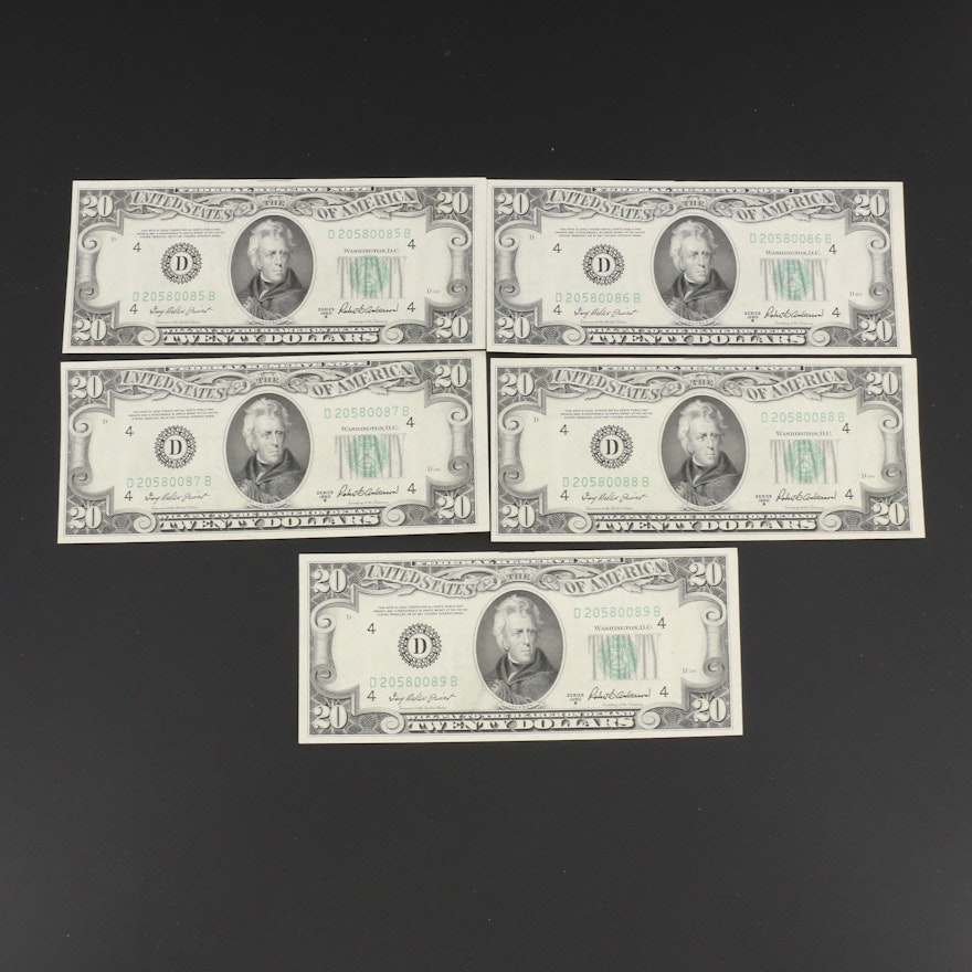 Five Consecutively Numbered Series of 1950B $20 Federal Reserve Notes