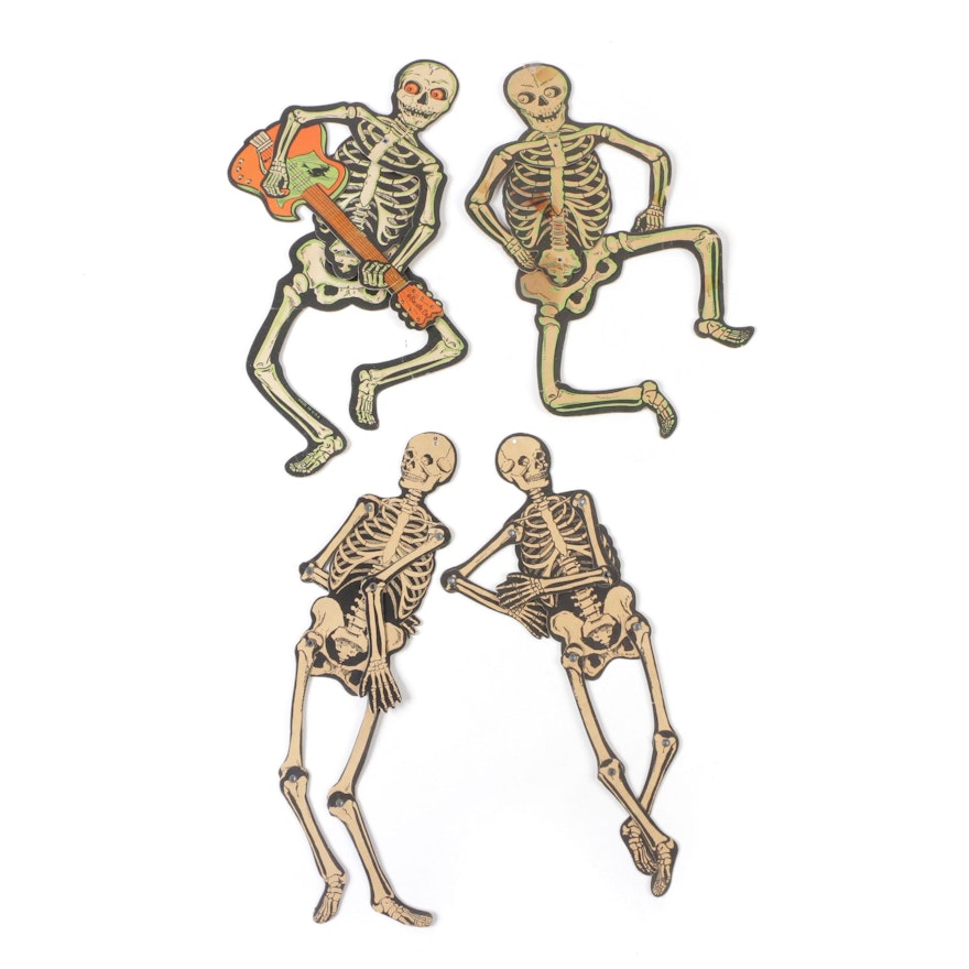 Beistle Jointed Cardboard Skeleton Halloween Decorations, Mid-Century