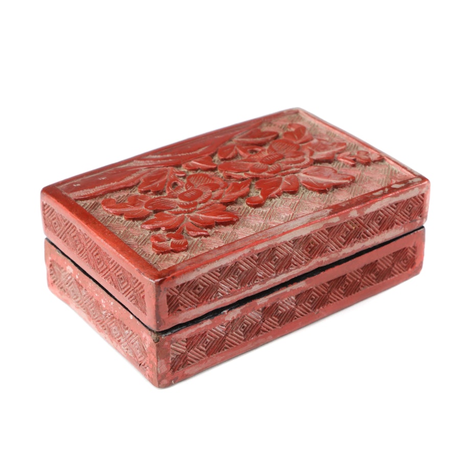 Chinese Carved Cinnabar Lacquer Box with Floral Motif, Qing Dynasty