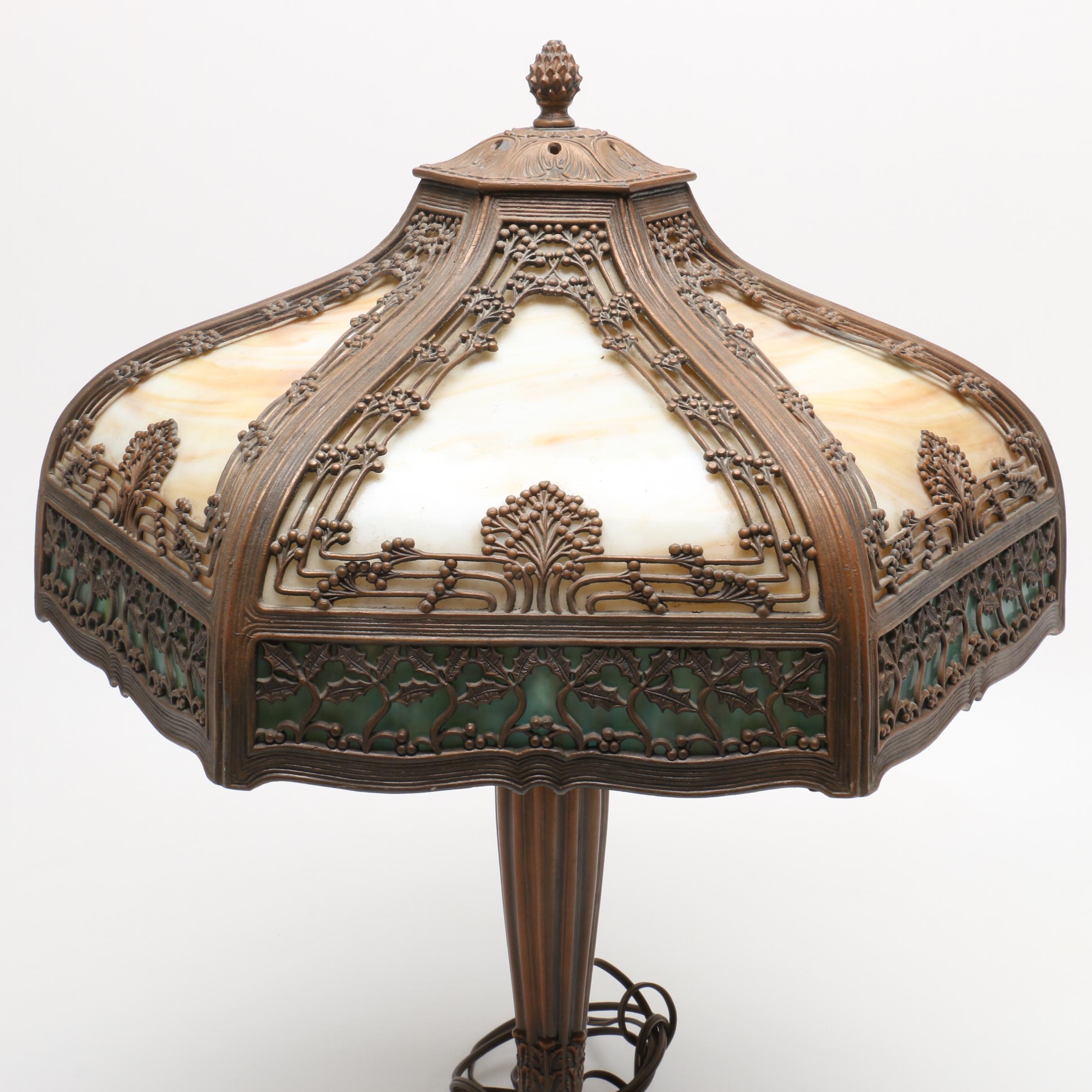 Handel Table Lamp with Slag Glass Panels and Metal Overlay