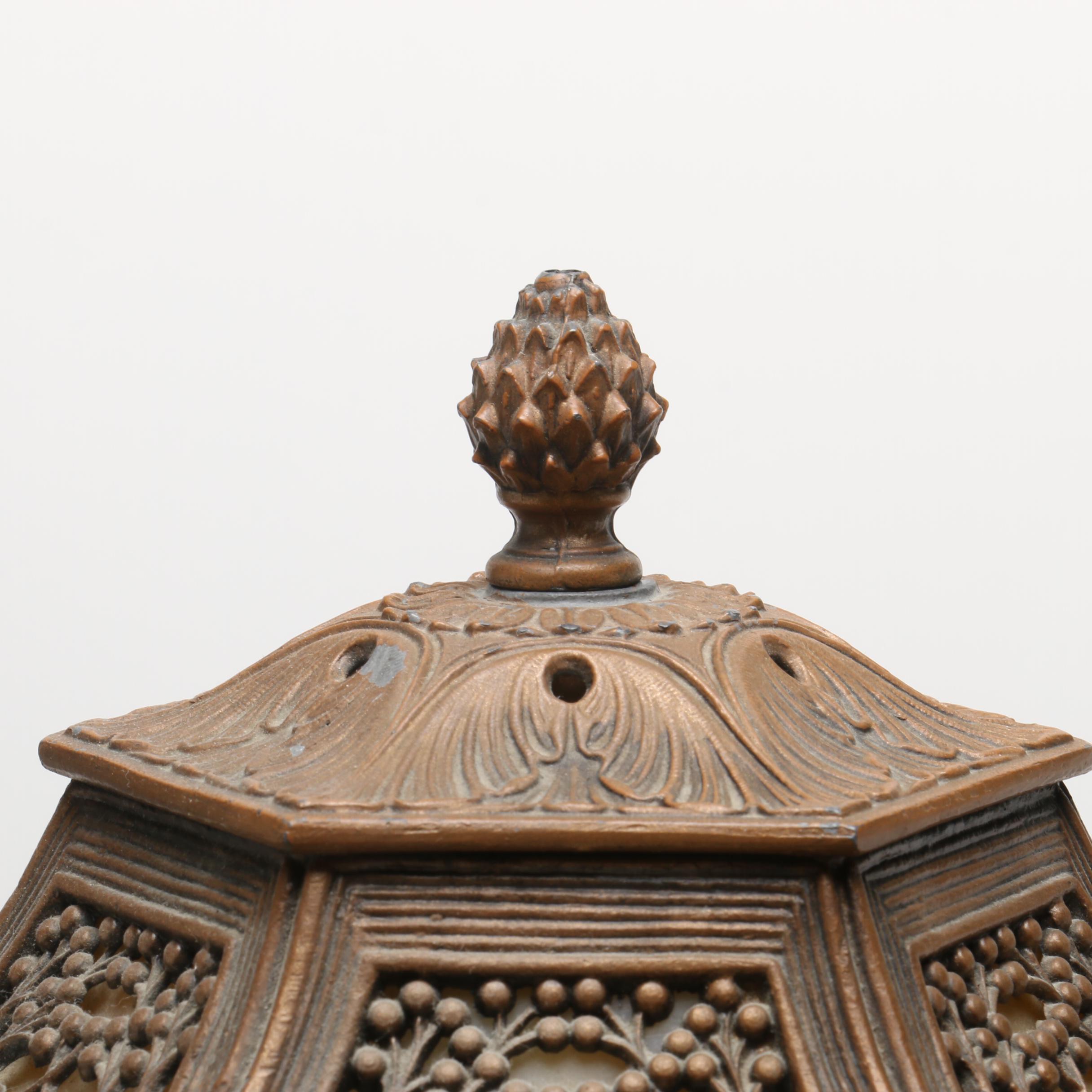 Handel Table Lamp with Slag Glass Panels and Metal Overlay