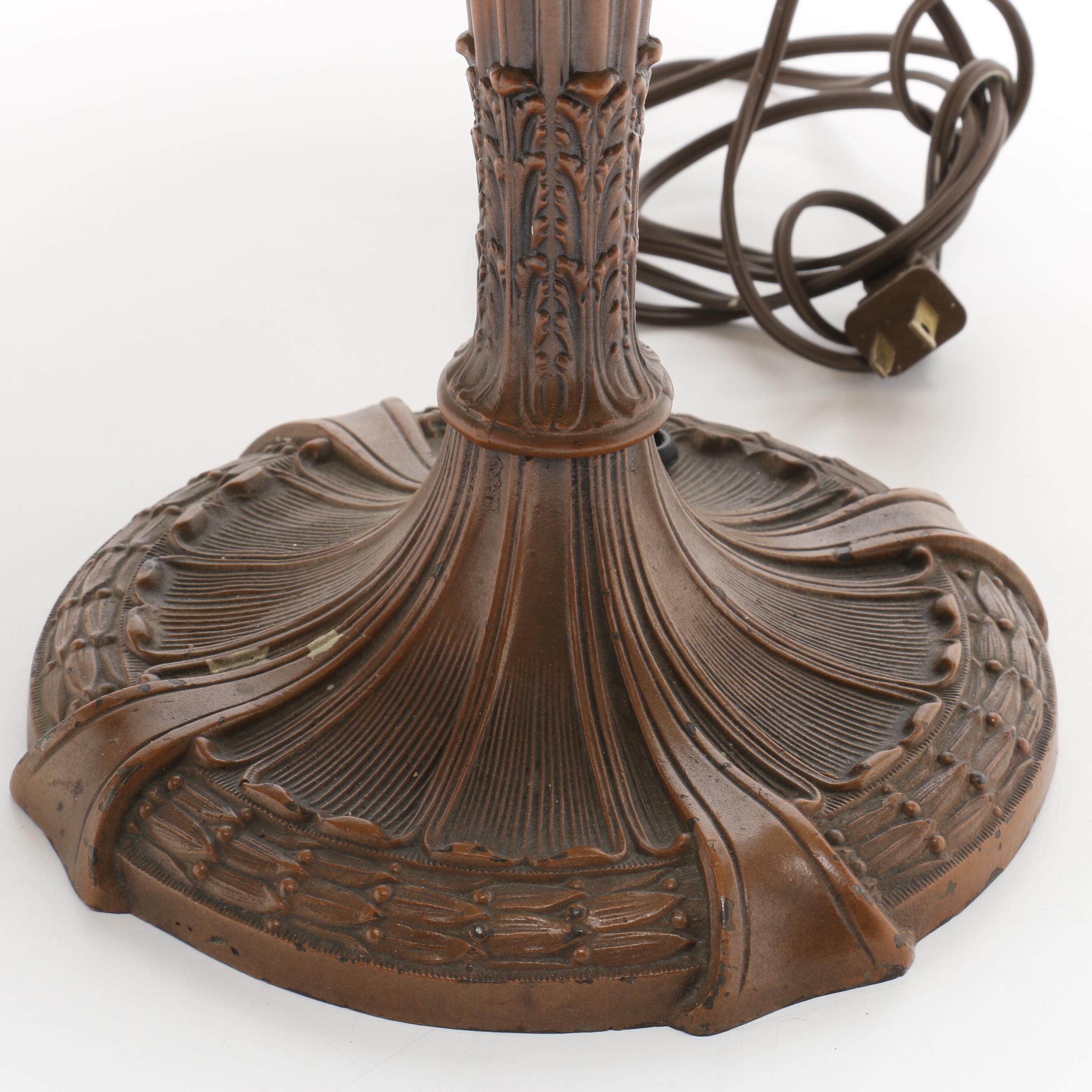 Handel Table Lamp with Slag Glass Panels and Metal Overlay