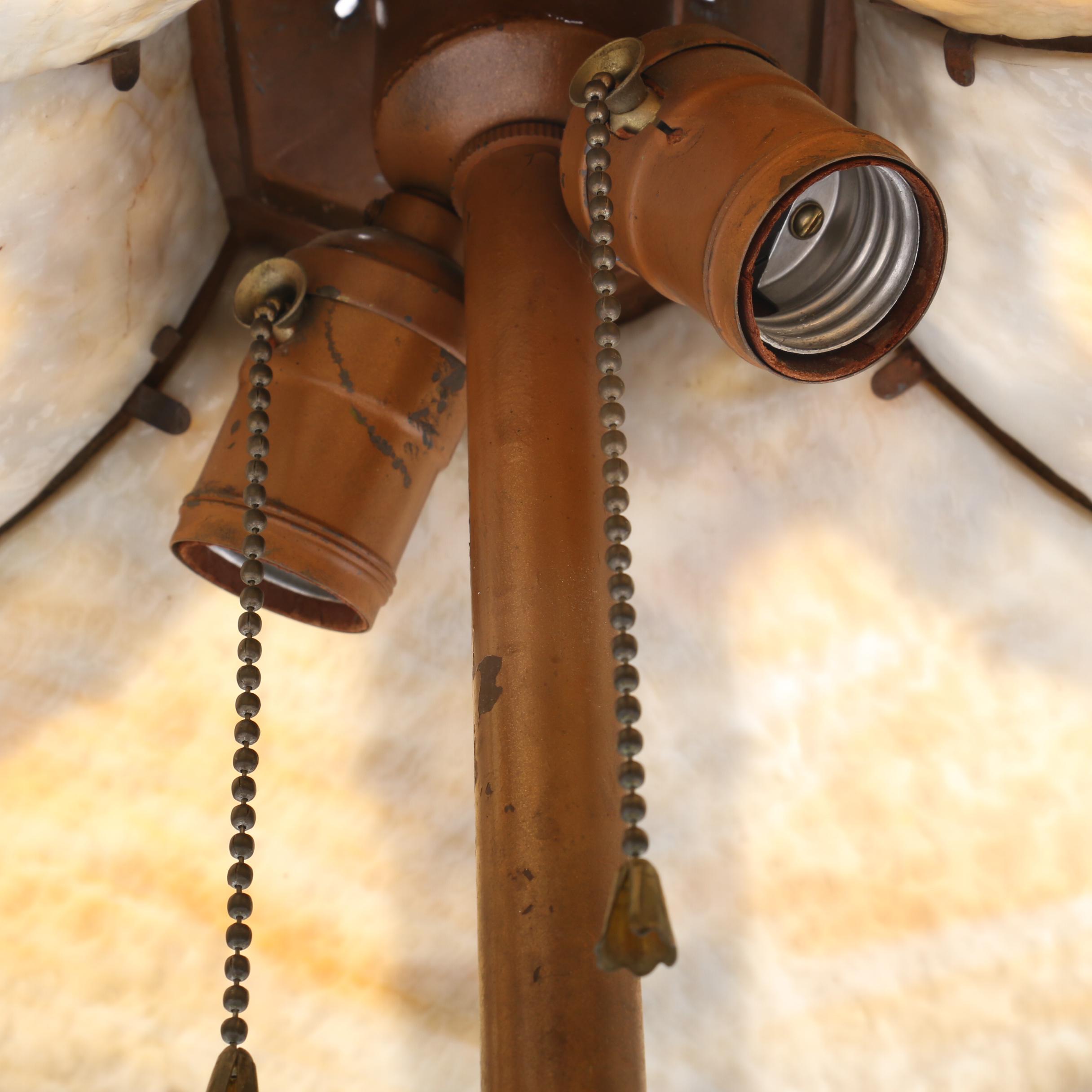 Handel Table Lamp with Slag Glass Panels and Metal Overlay