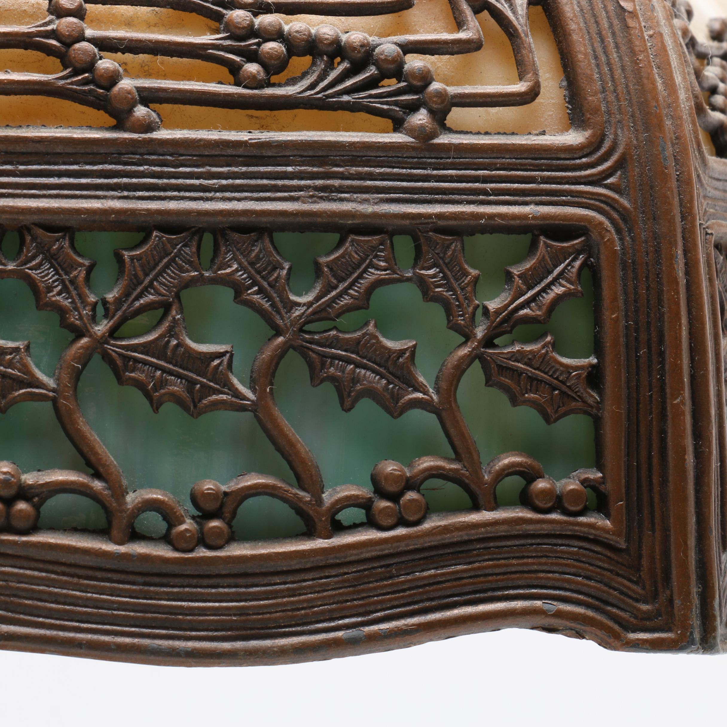 Handel Table Lamp with Slag Glass Panels and Metal Overlay