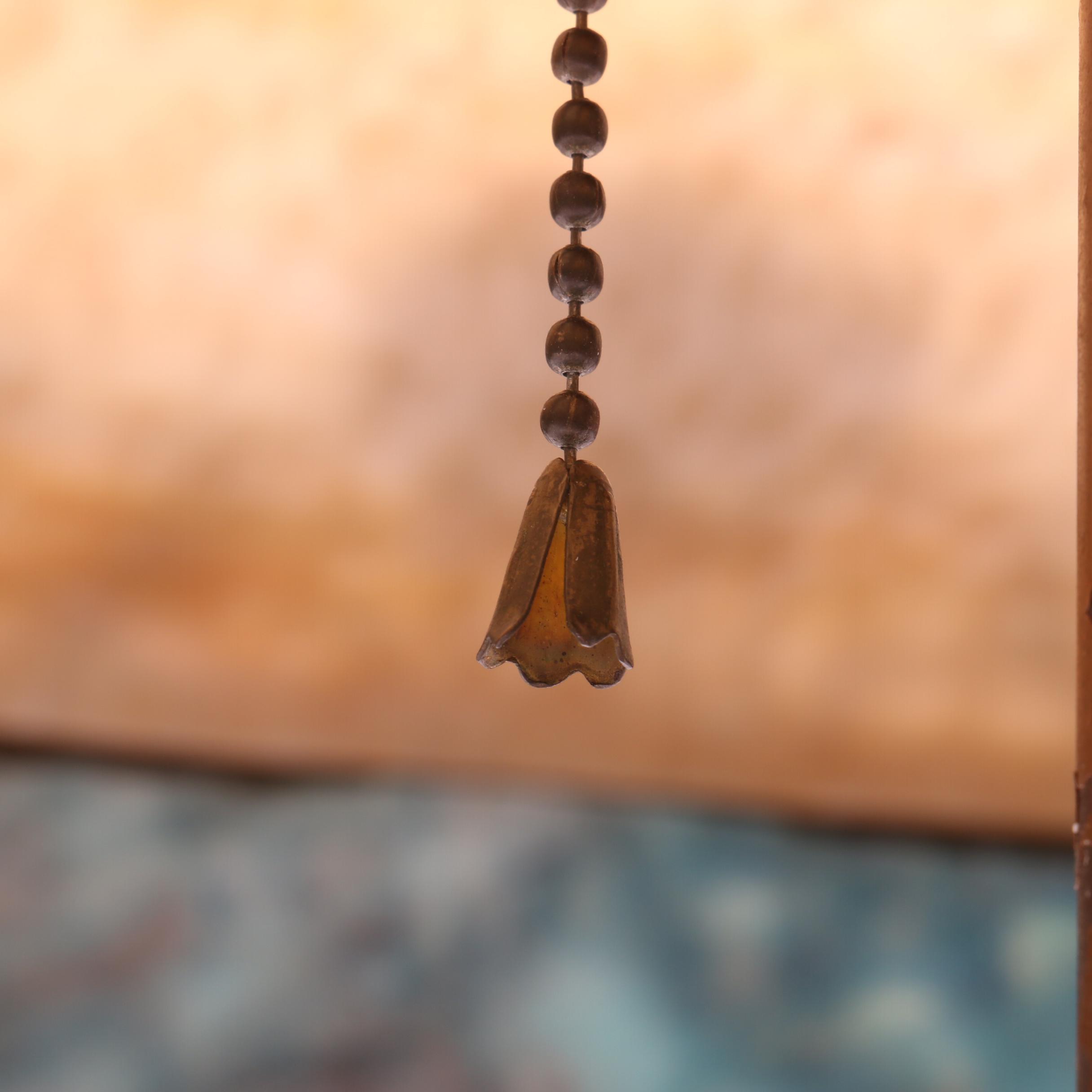 Handel Table Lamp with Slag Glass Panels and Metal Overlay