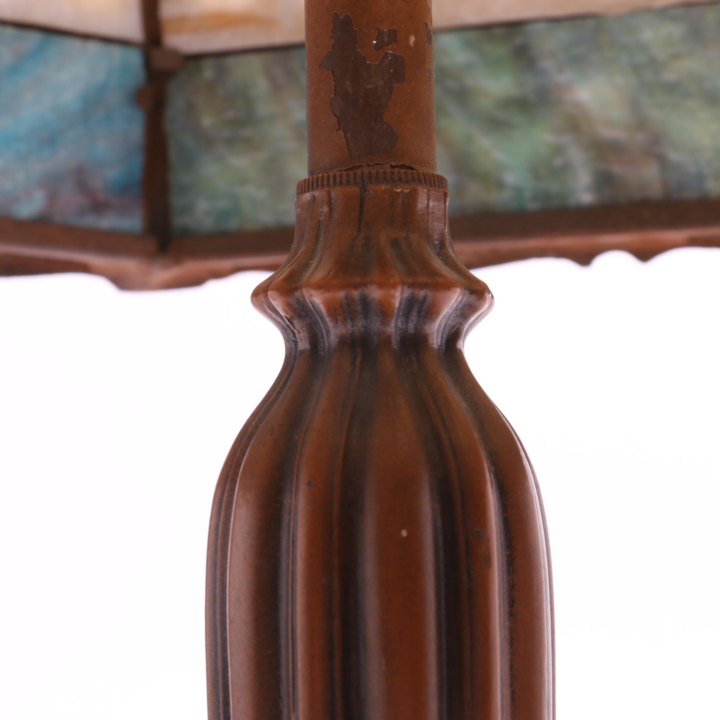 Handel Table Lamp with Slag Glass Panels and Metal Overlay