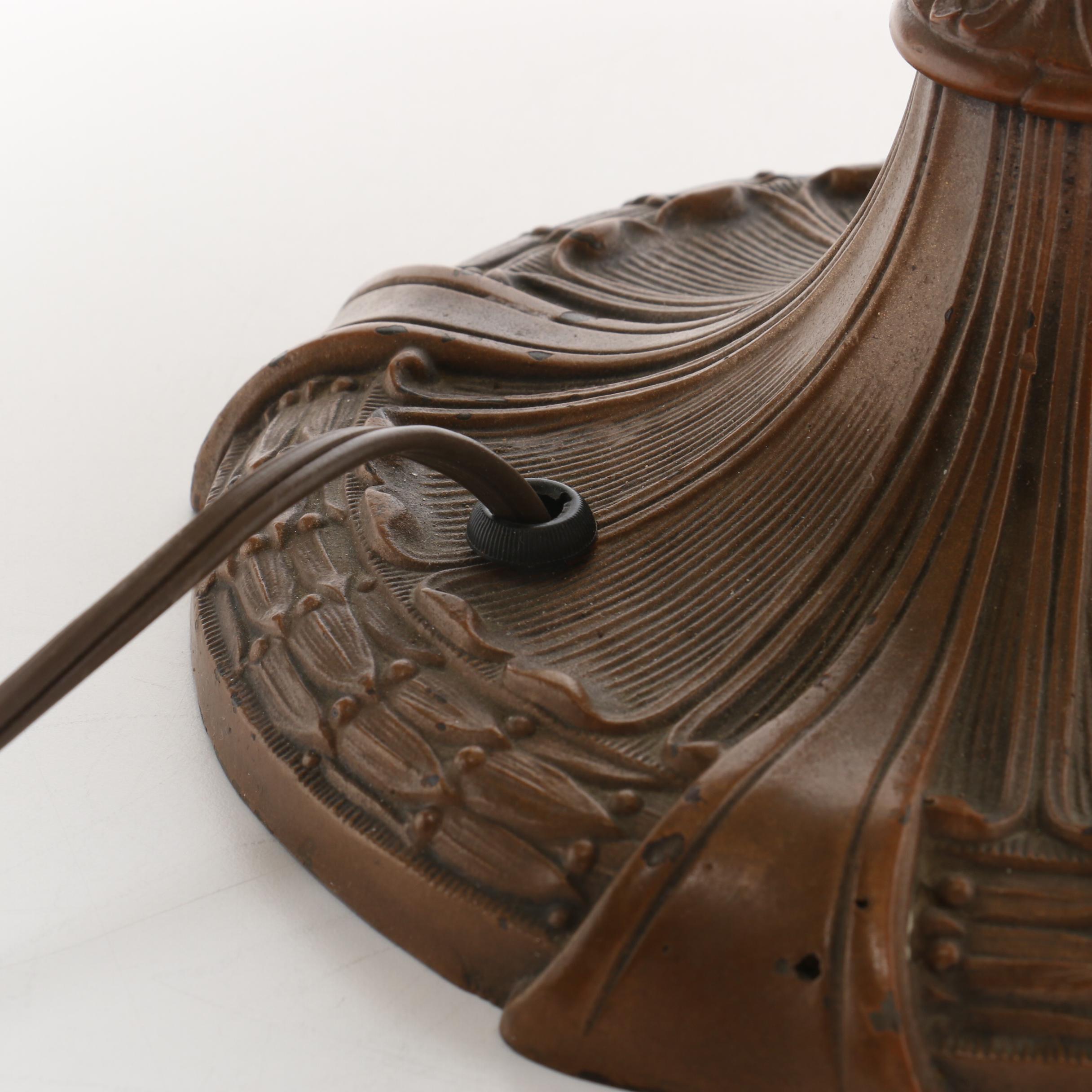 Handel Table Lamp with Slag Glass Panels and Metal Overlay