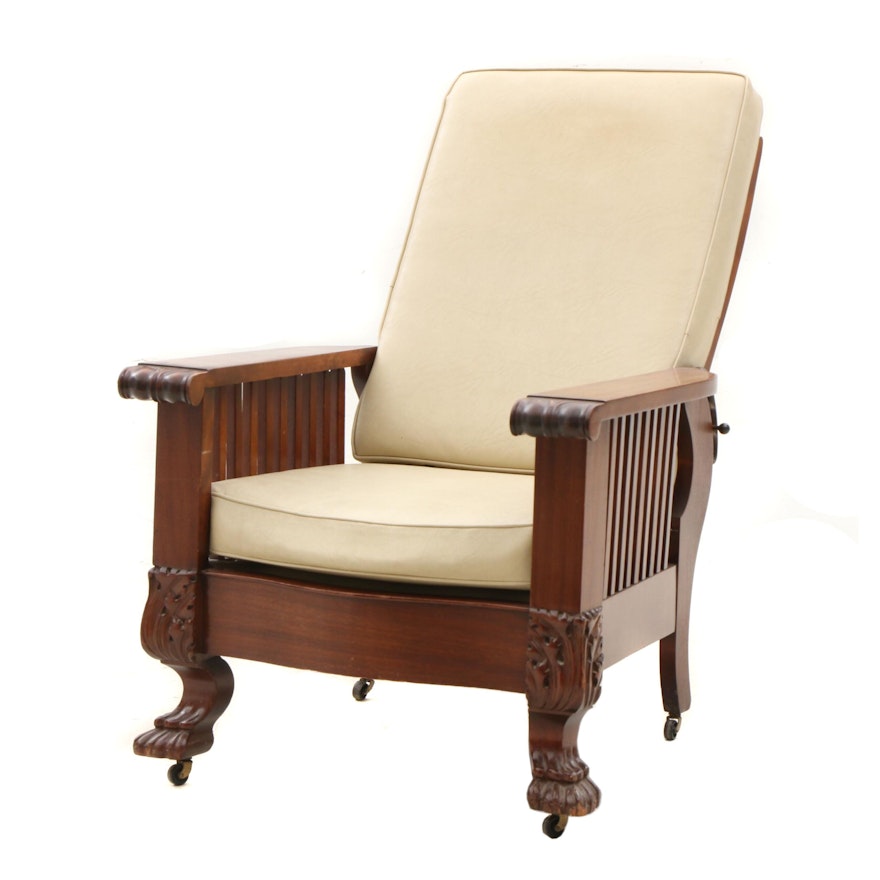 Colonial Revival Walnut Morris Leather Upholstered Arm Chair, Late 19th Century