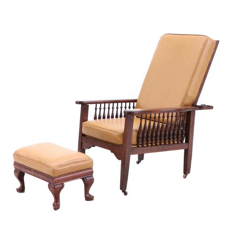 Antique Oak Morris Lounge Chair with Queen Anne Style Birch Ottoman