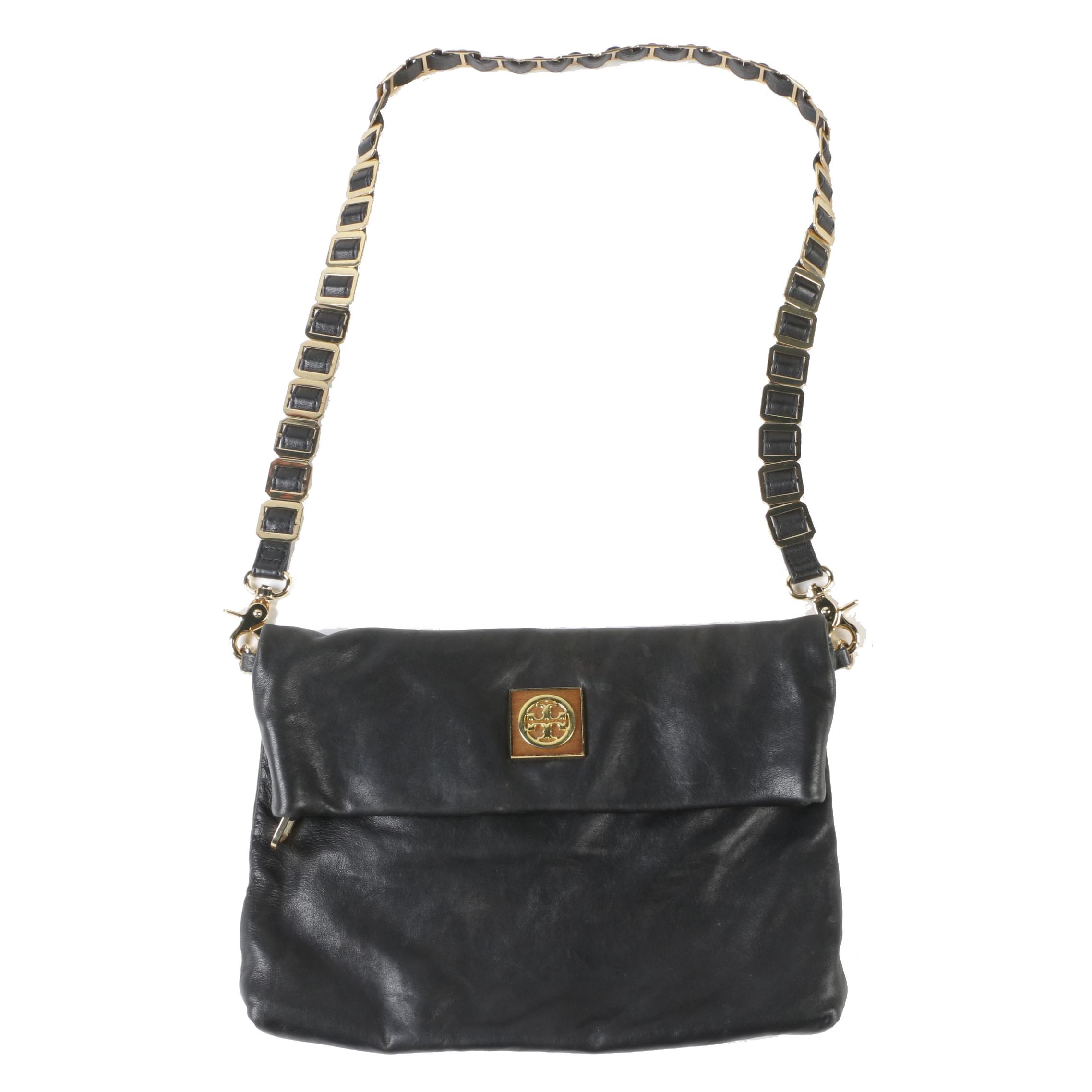 Tory Burch Black Leather Foldover Hobo Bag