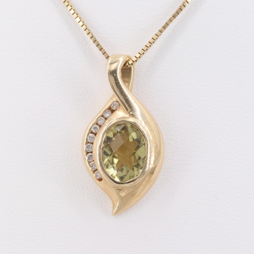 14K Yellow Gold Citrine and Diamond Slide Pendant Necklace