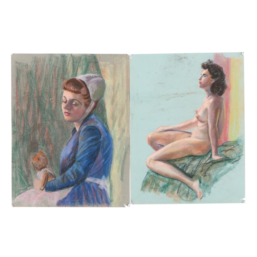 Judge Edward J. Hummer Double-Sided Figural Pastel Drawings