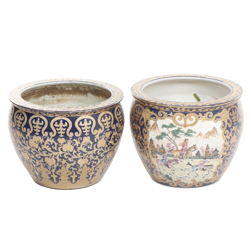 Large Hand-Painted Chinese Ceramic Planters