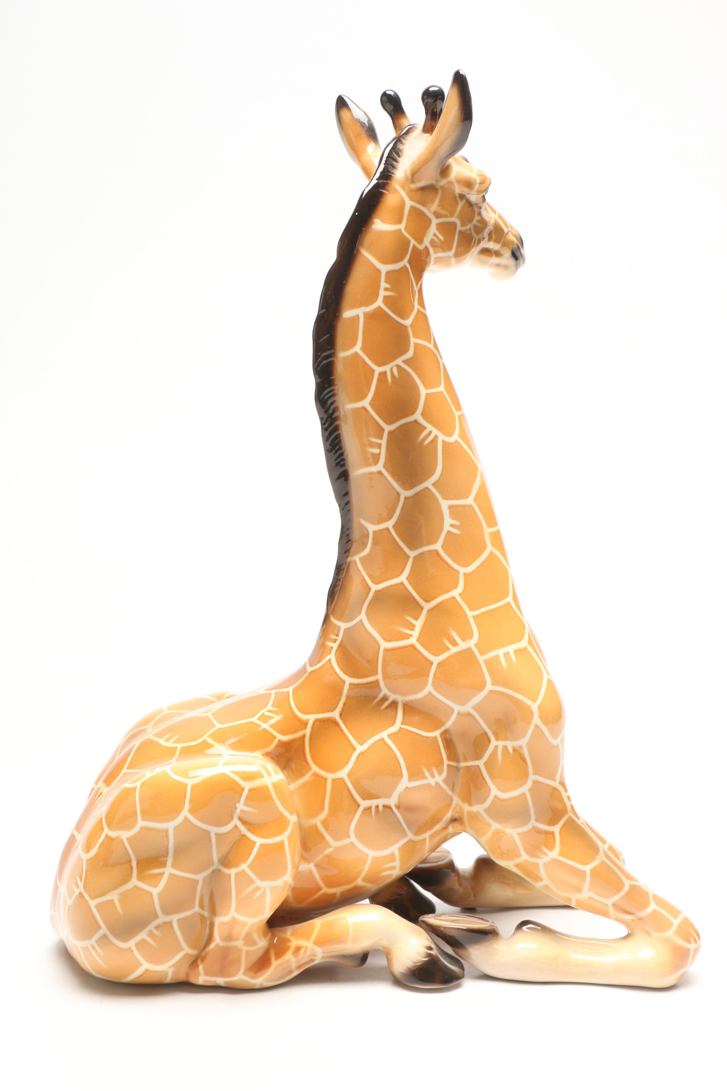Italian Ronzan Ceramic Hand-Painted Giraffe Signed by the Artist