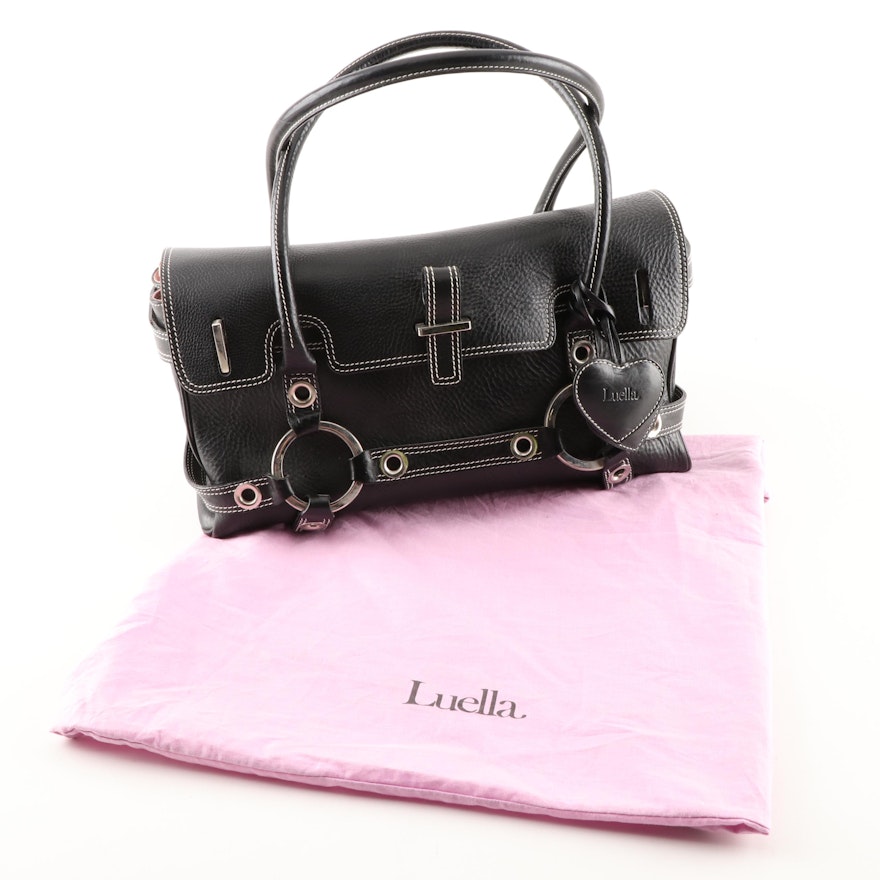 Luella Black Pebbled Leather Satchel with Contrast Stitching