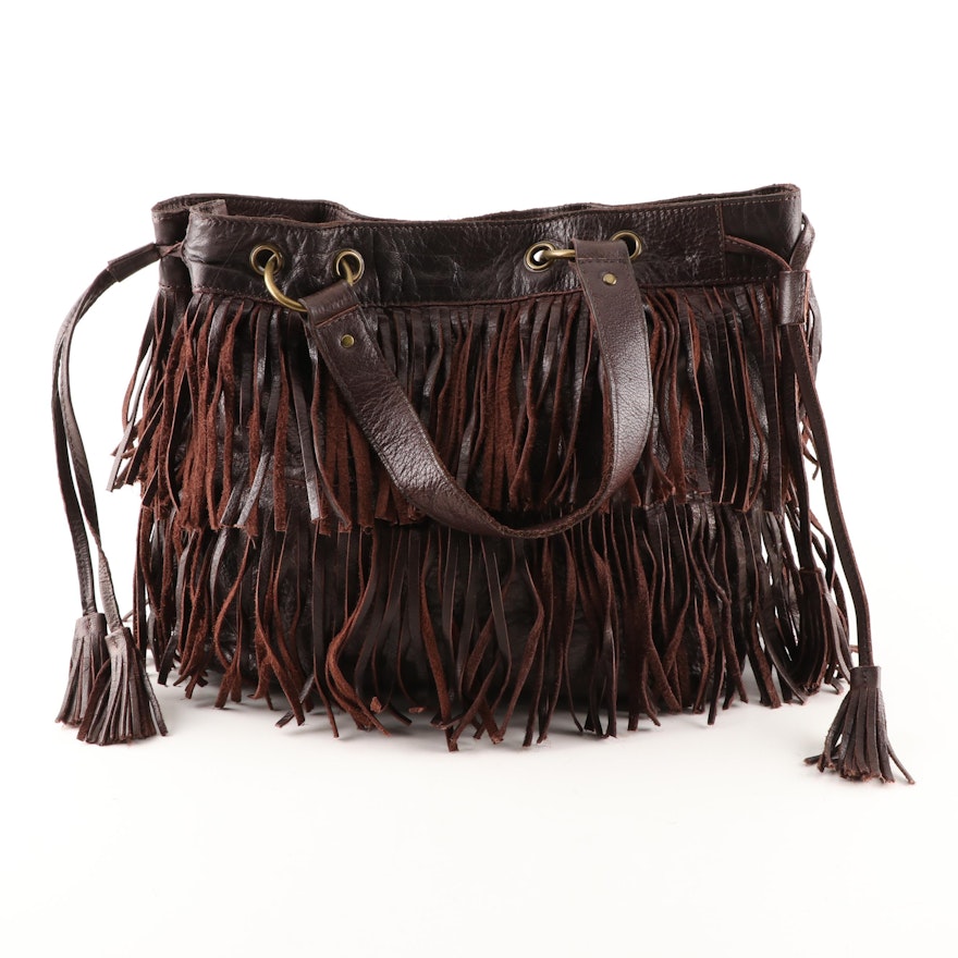 French Connection Fringed Brown Leather Tote Bag