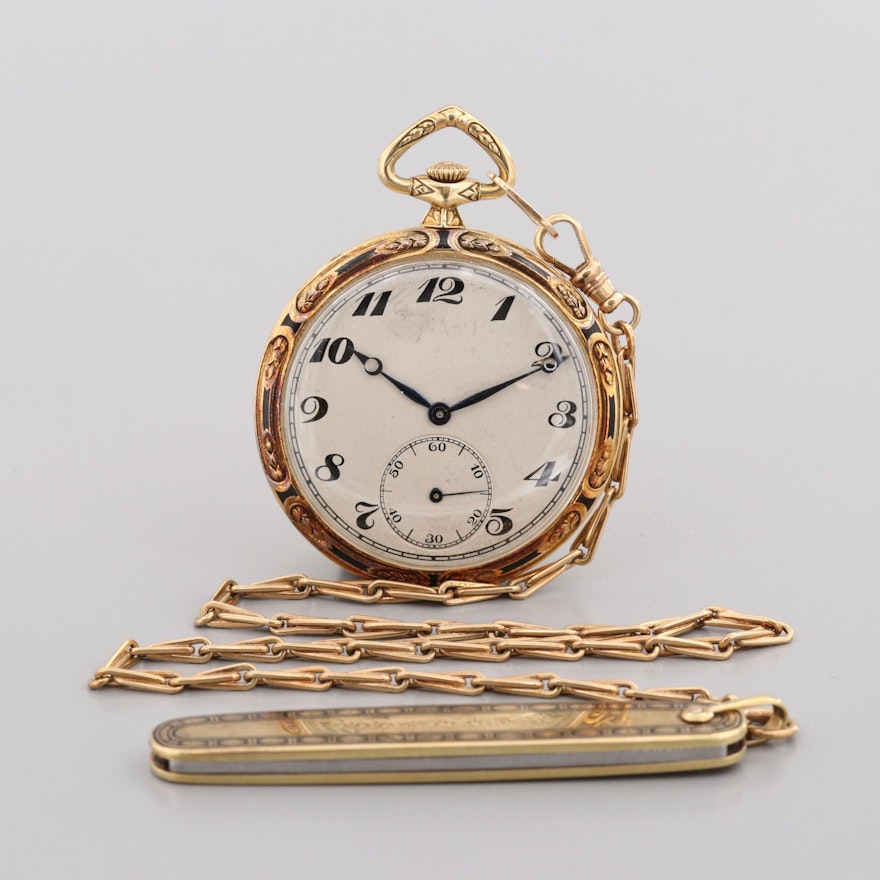 Vintage C.H. Meylan 18K Yellow Gold Pocket Watch With 14K Fob and Pocket Knife