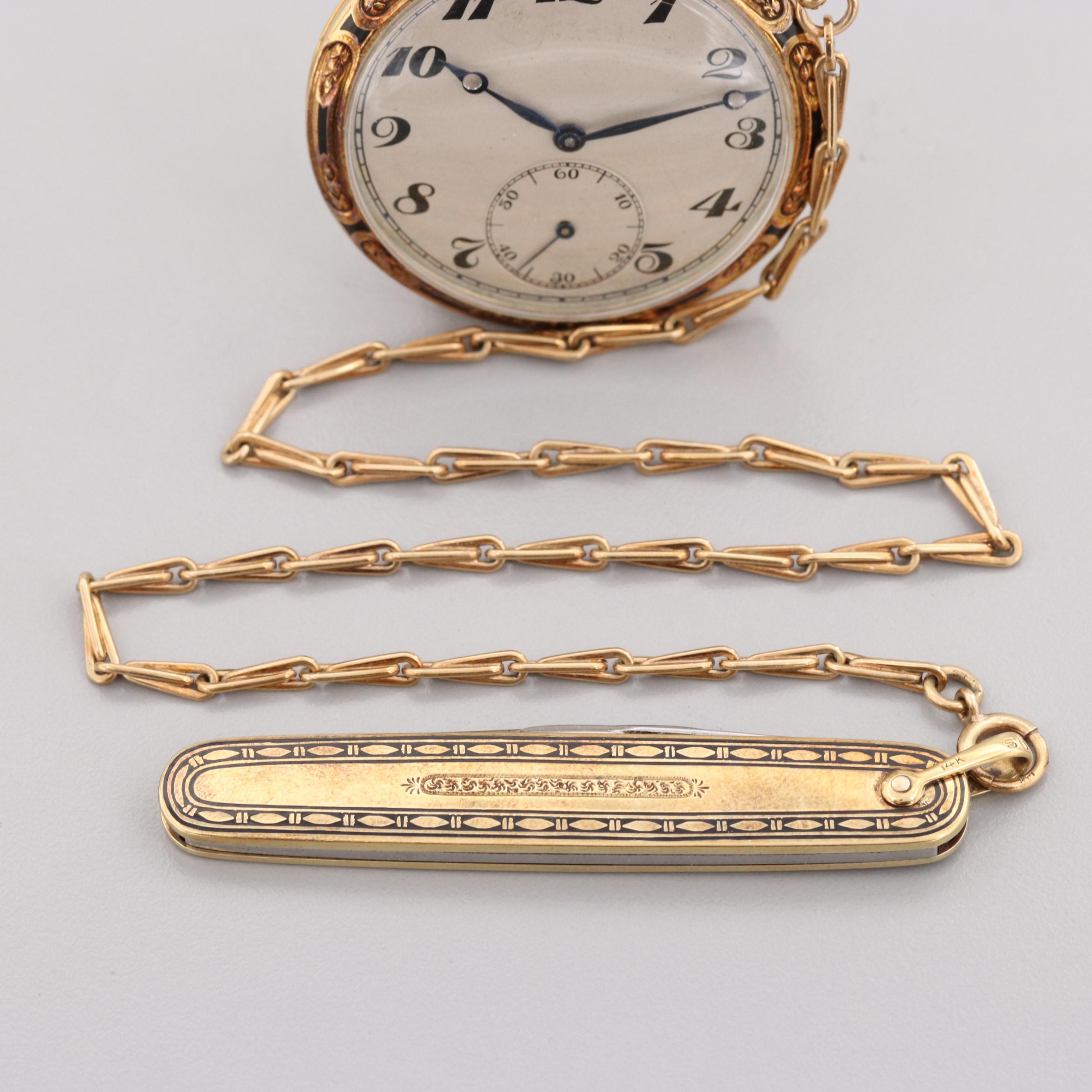 Vintage C.H. Meylan 18K Yellow Gold Pocket Watch With 14K Fob and Pocket Knife