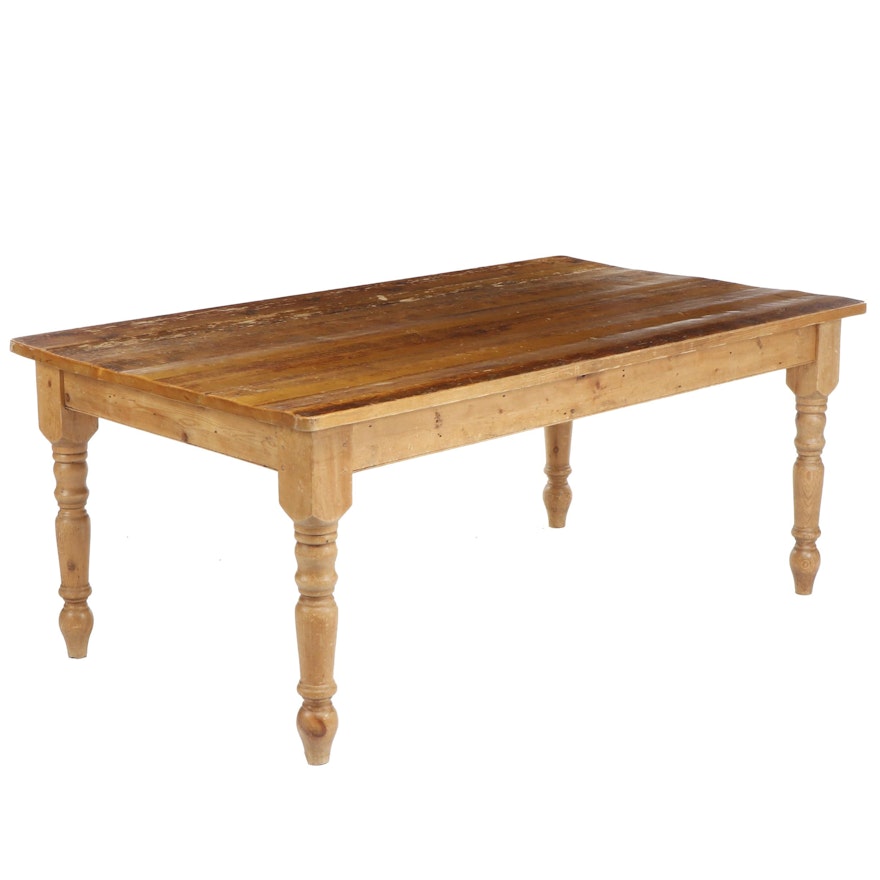 English Farmhouse Style Pine Dining Table With Turned Legs