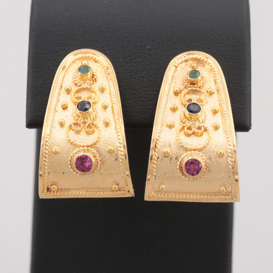 18K Yellow Gold Ruby, Blue Sapphire and Emerald Earrings