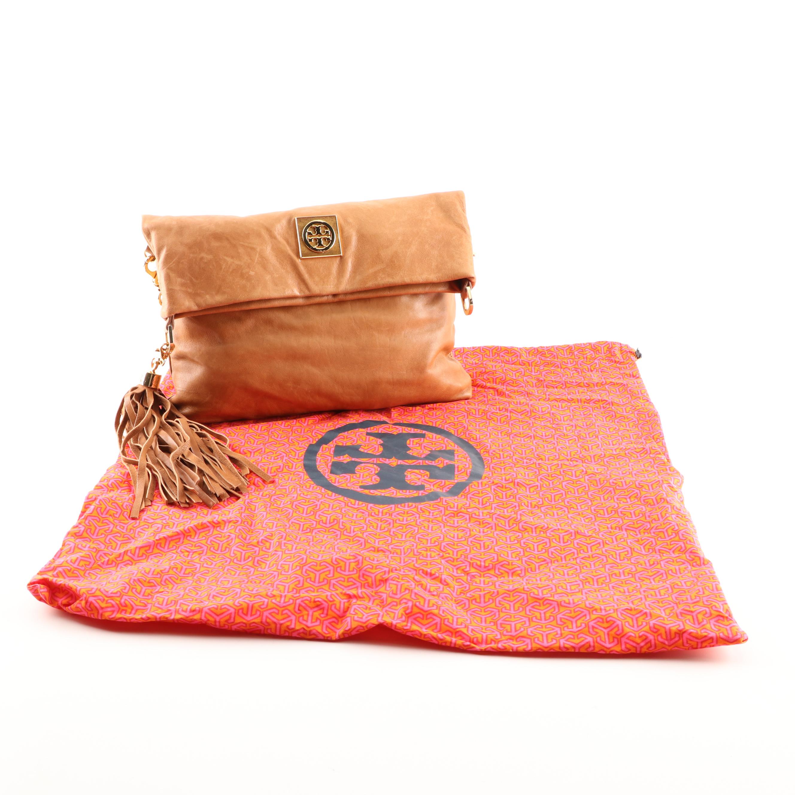 Tory Burch Distressed Leather Foldover Crossbody Bag with Fringed Tassel