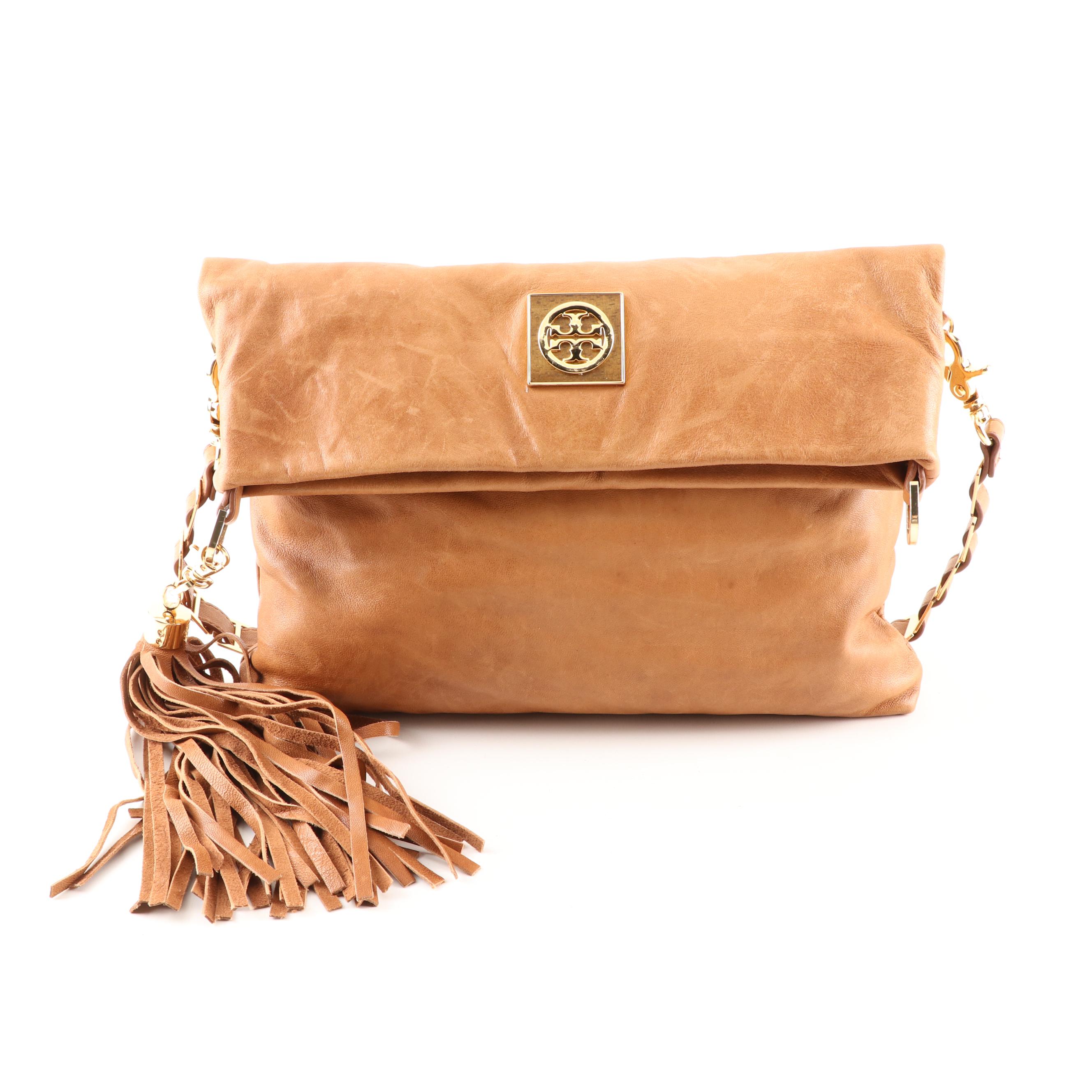 Tory Burch Distressed Leather Foldover Crossbody Bag with Fringed Tassel