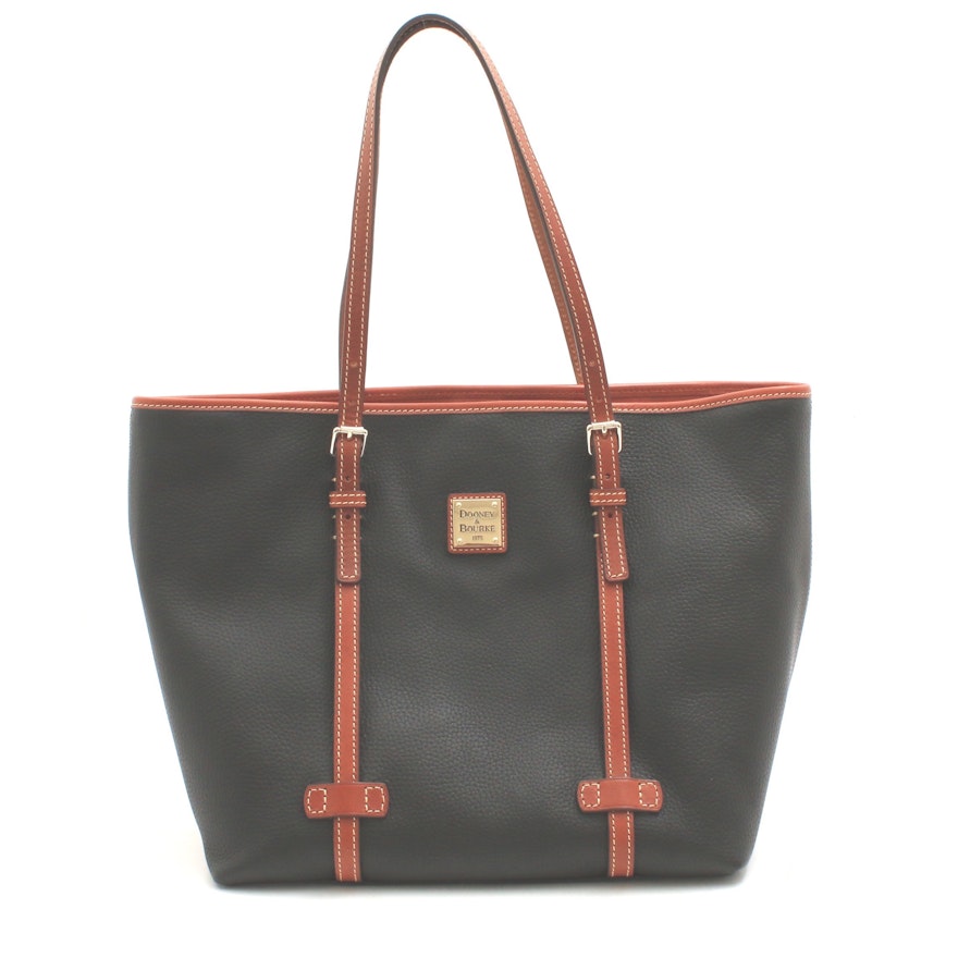 Dooney & Bourke Black Pebble Grain and Cognac Leather East West Shopper Tote