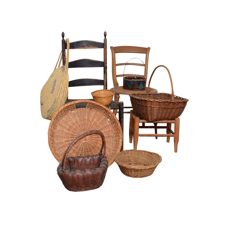 Wooden Side Chairs with Woven Seats and Collection of Baskets