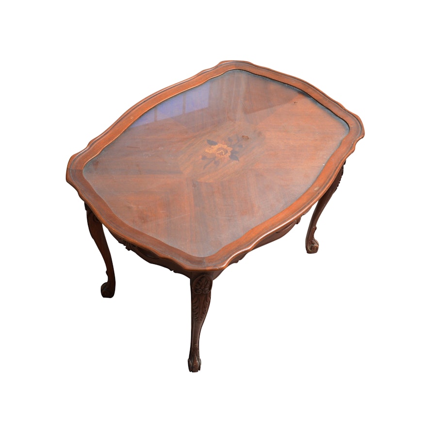 Walnut Side Table with Floral Inlay and Removable Glass Top