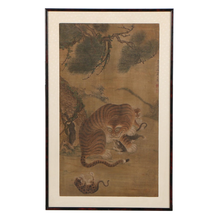 Korean Watercolor on Silk of Tiger and Cubs, 18th-19th Century