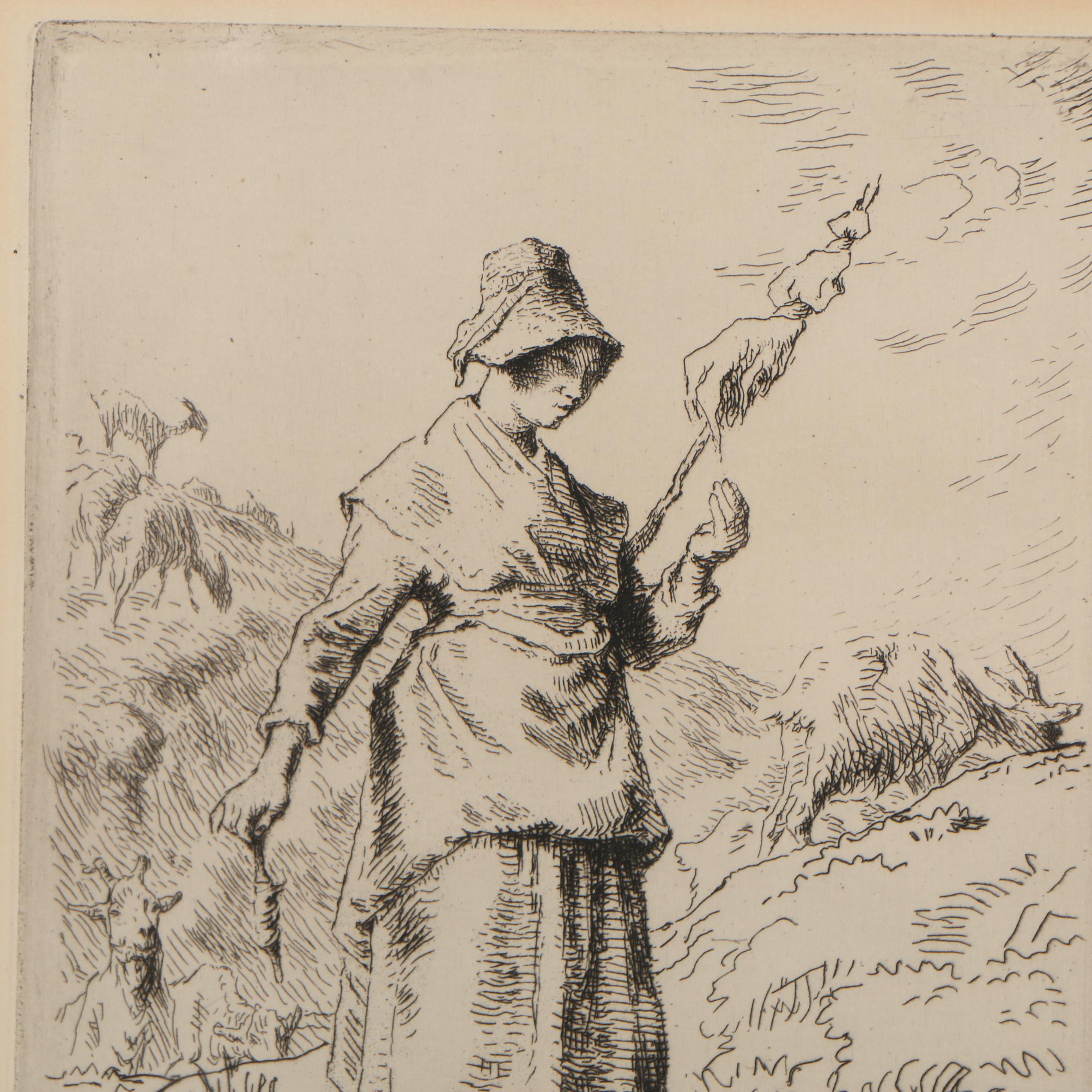 Jean François Millet 1868 Etching "Auvergnat Goatherd Spinning"