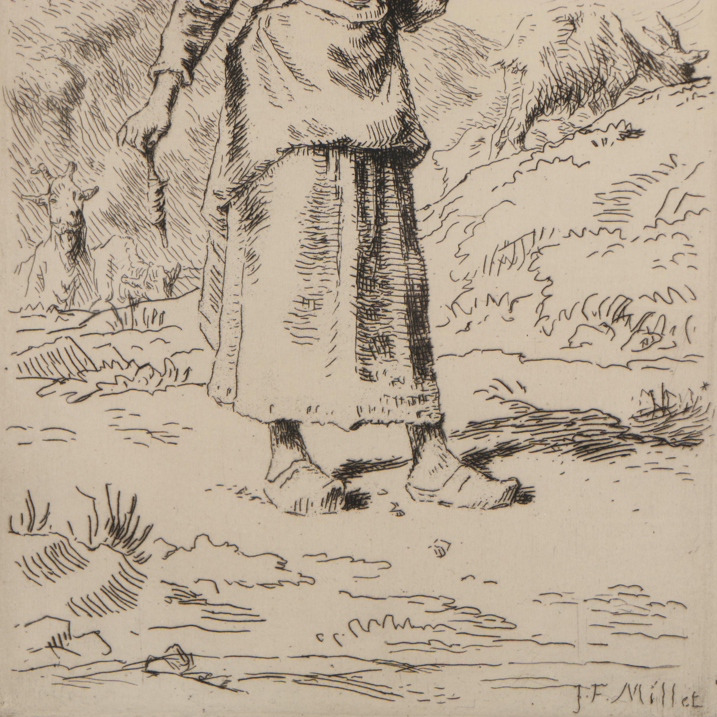 Jean François Millet 1868 Etching "Auvergnat Goatherd Spinning"