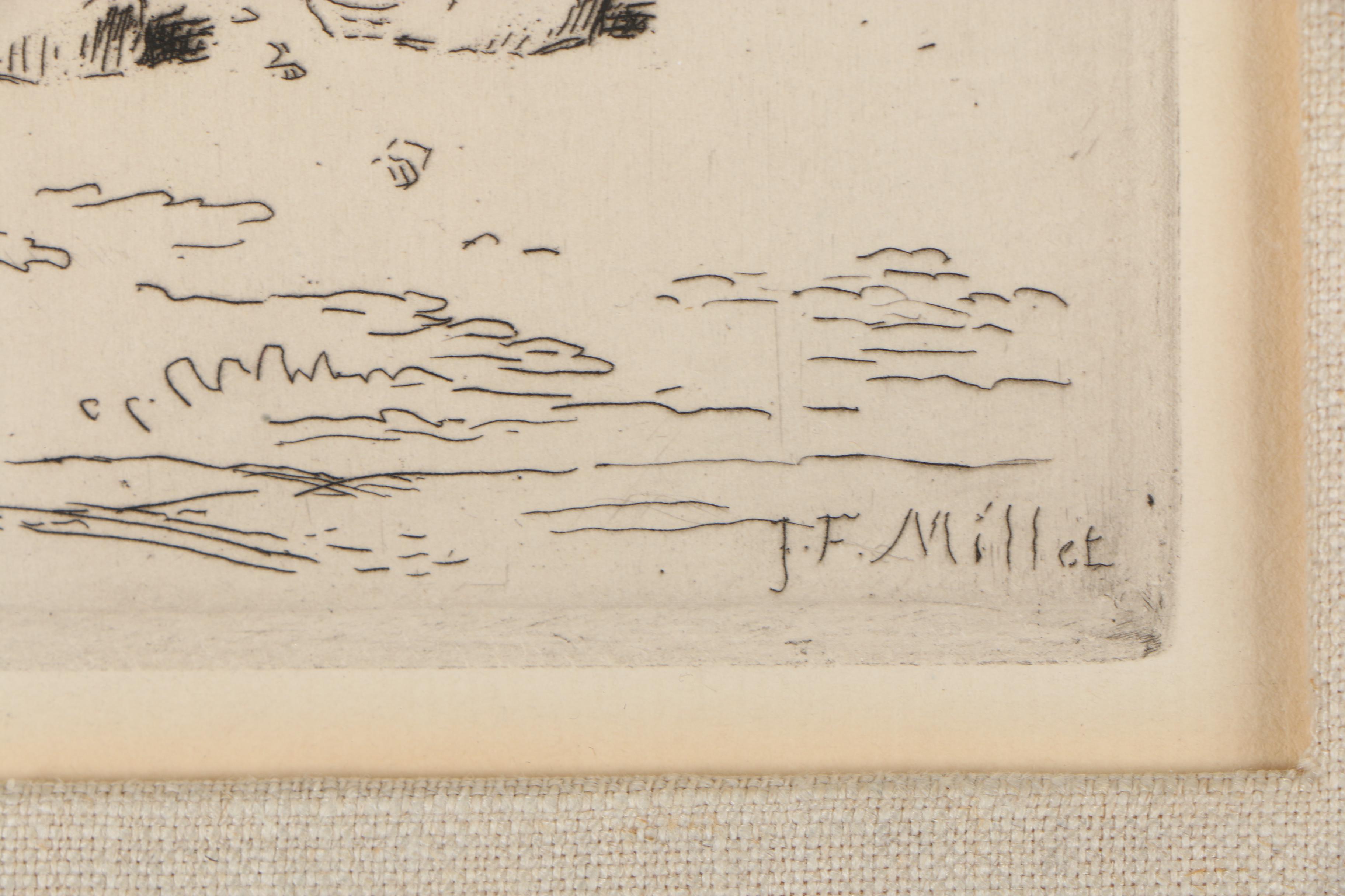 Jean François Millet 1868 Etching "Auvergnat Goatherd Spinning"