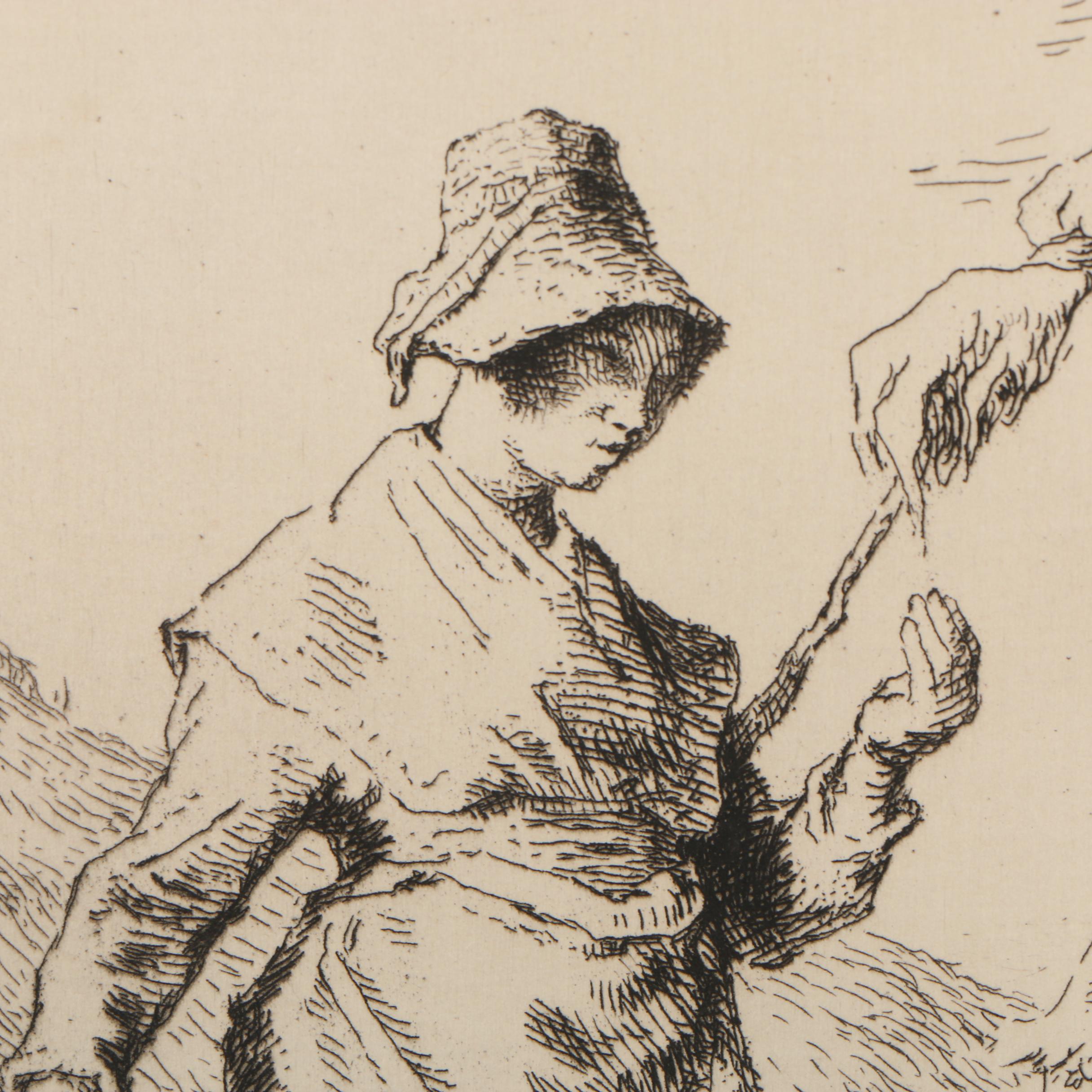 Jean François Millet 1868 Etching "Auvergnat Goatherd Spinning"
