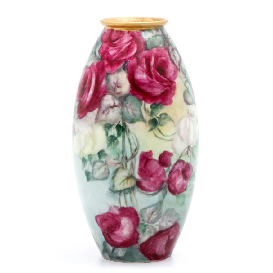 Belleek Willets Hand-Painted Roses Vase, Early 20th Century