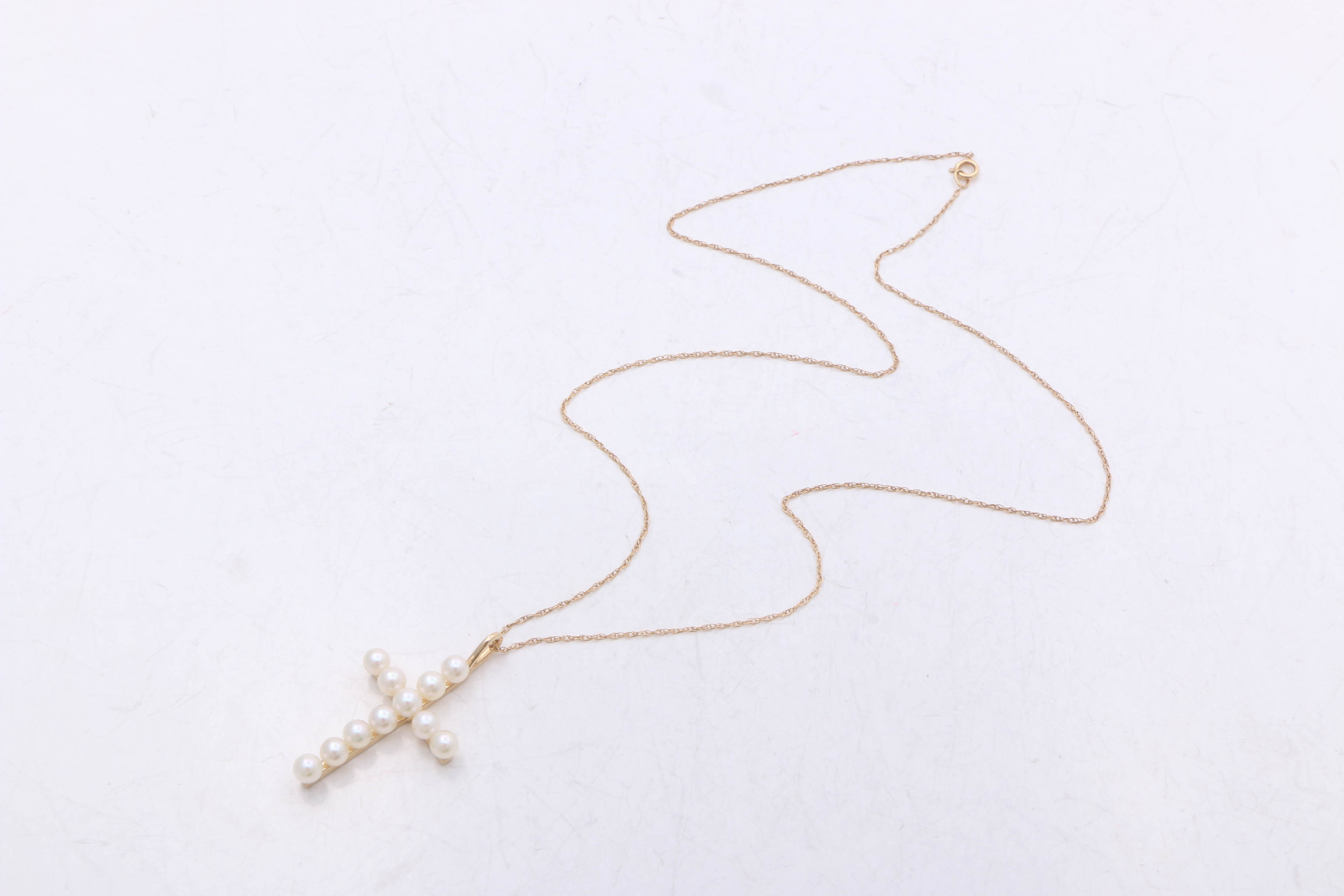 14K Yellow Gold Cultured Pearl Cross Necklace