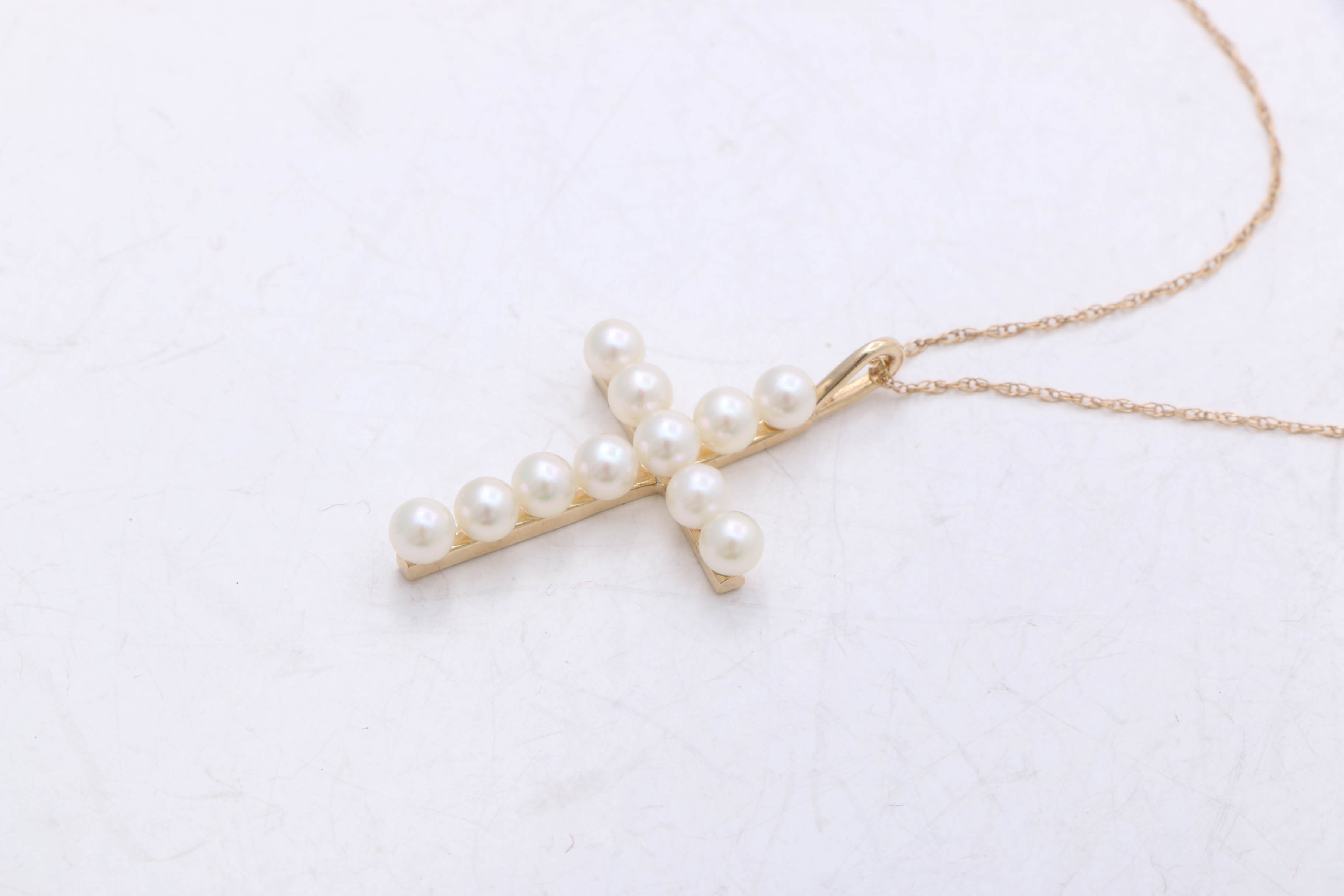 14K Yellow Gold Cultured Pearl Cross Necklace